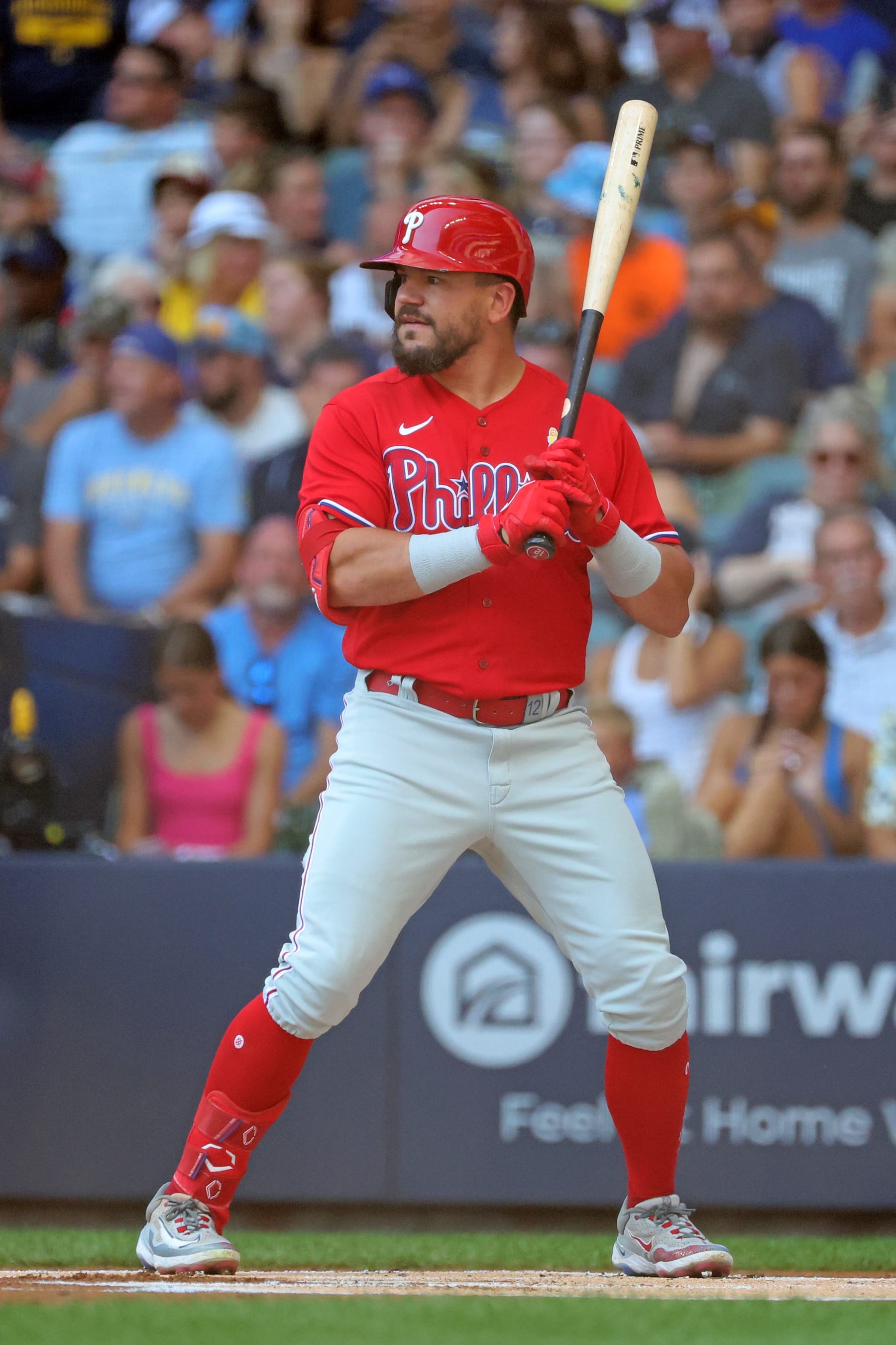MILWAUKEE, WISCONSIN - SEPTEMBER 03: Kyle Schwarber #12 of the Philadelphia Phillies at bat during a game against the Milwaukee Brewers at American Family Field on September 03, 2023 in Milwaukee, Wisconsin. (Photo by Stacy Revere/Getty Images)