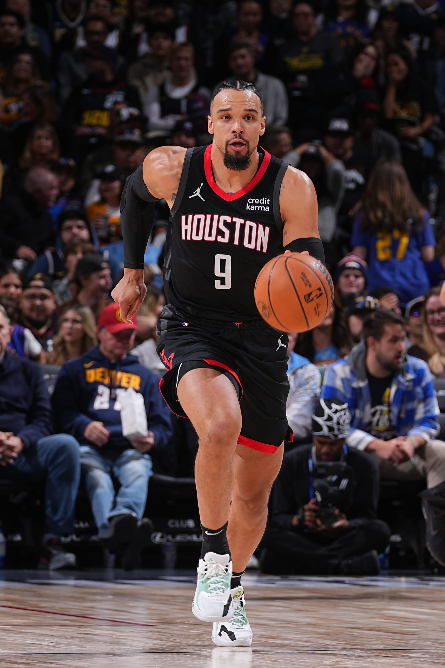 DENVER, CO - DECEMBER 8: Dillon Brooks #9 of the Houston Rockets dribbles the ball during the game against the Denver Nuggets on December 8, 2023 at the Ball Arena in Denver, Colorado. NOTE TO USER: User expressly acknowledges and agrees that, by downloading and/or using this Photograph, user is consenting to the terms and conditions of the Getty Images License Agreement. Mandatory Copyright Notice: Copyright 2023 NBAE (Photo by Bart Young/NBAE via Getty Images) DENVER, CO - DECEMBER 8: Dillon Brooks #9 of the Houston Rockets dribbles the ball during the game against the Denver Nuggets on December 8, 2023 at the Ball Arena in Denver, Colorado. NOTE TO USER: User expressly acknowledges and agrees that, by downloading and/or using this Photograph, user is consenting to the terms and conditions of the Getty Images License Agreement. Mandatory Copyright Notice: Copyright 2023 NBAE (Photo by Bart Young/NBAE via Getty Images)