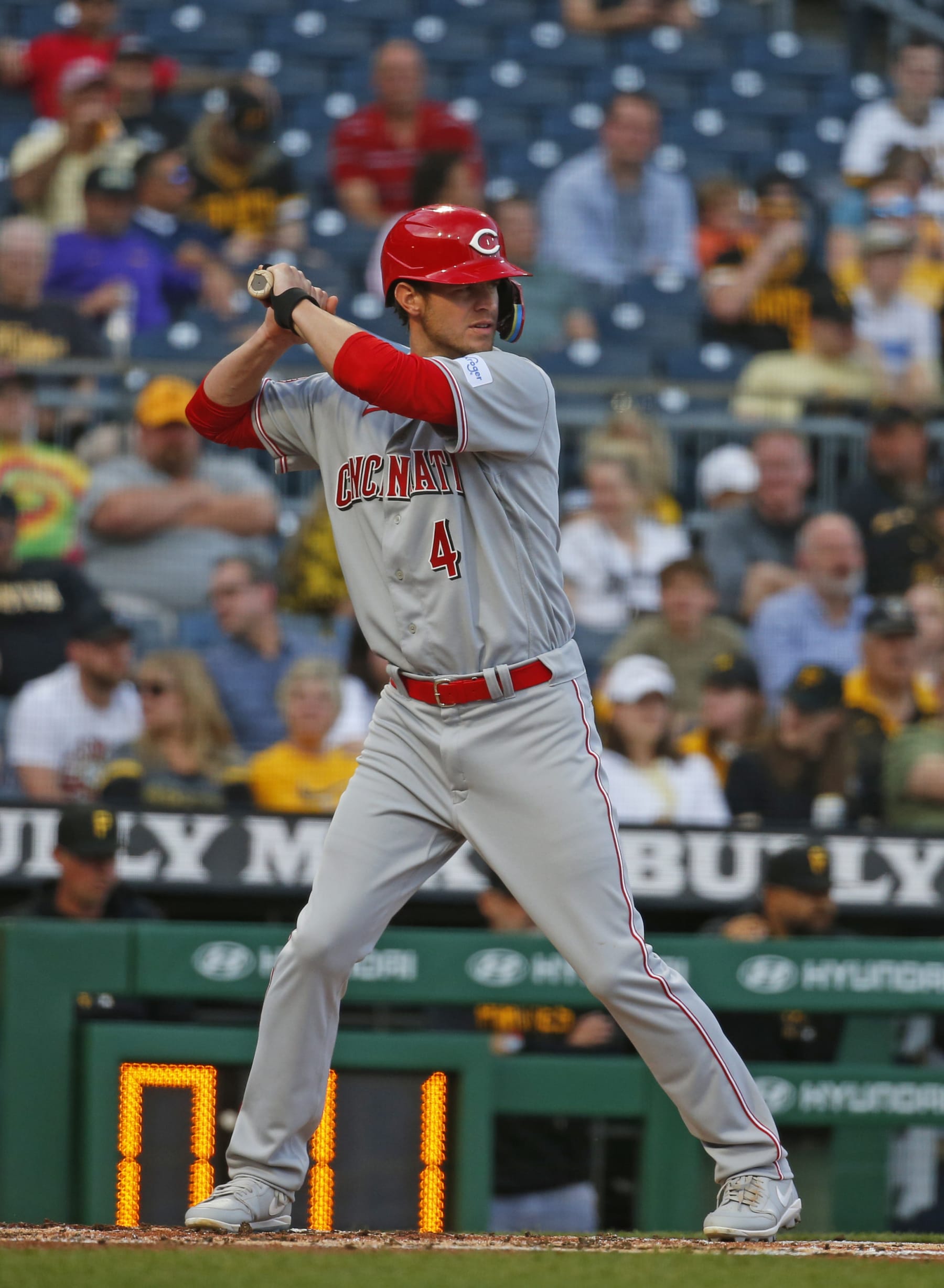 PITTSBURGH, PA - APRIL 20:  Wil Myers #4 of the Cincinnati Reds in action against the Pittsburgh Pirates at PNC Park on April 20, 2023 in Pittsburgh, Pennsylvania.  (Photo by Justin K. Aller/Getty Images)