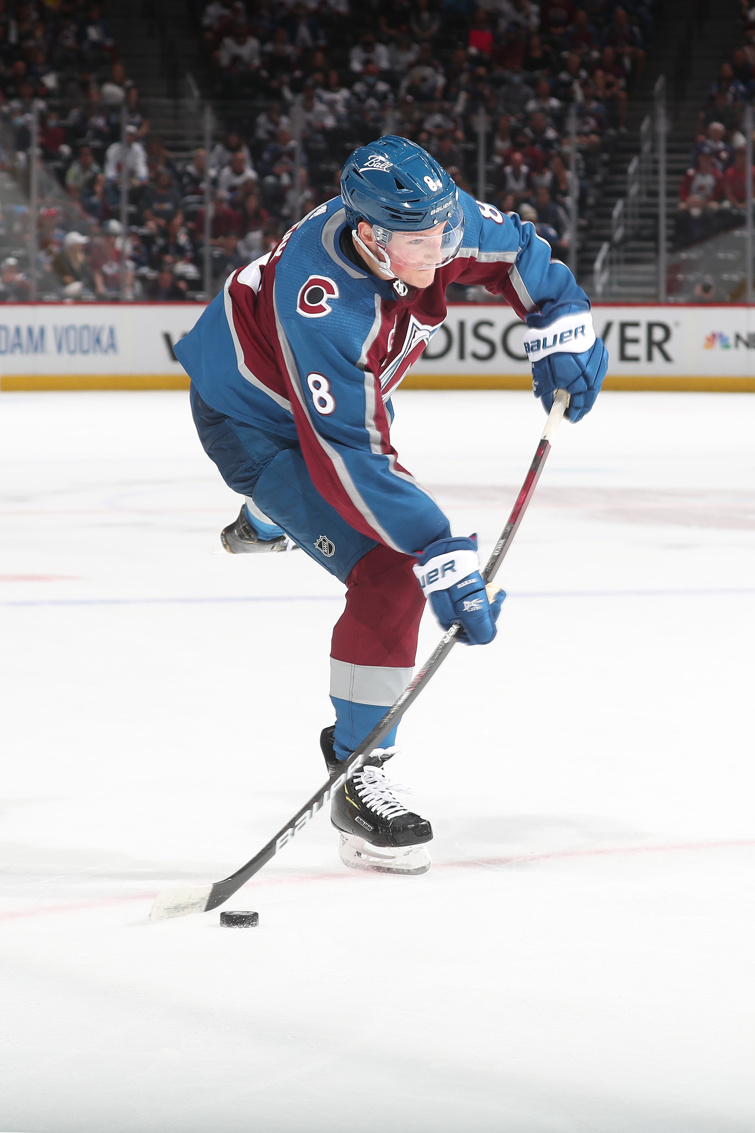 DENVER, COLORADO - JUNE 08: Cale Makar #8 of the Colorado Avalanche takes a shot against the Vegas Golden Knights in Game Five of the Second Round of the 2021 Stanley Cup Playoffs at Ball Arena on June 08, 2021 in Denver, Colorado. (Photo by Michael Martin/NHLI via Getty Images)