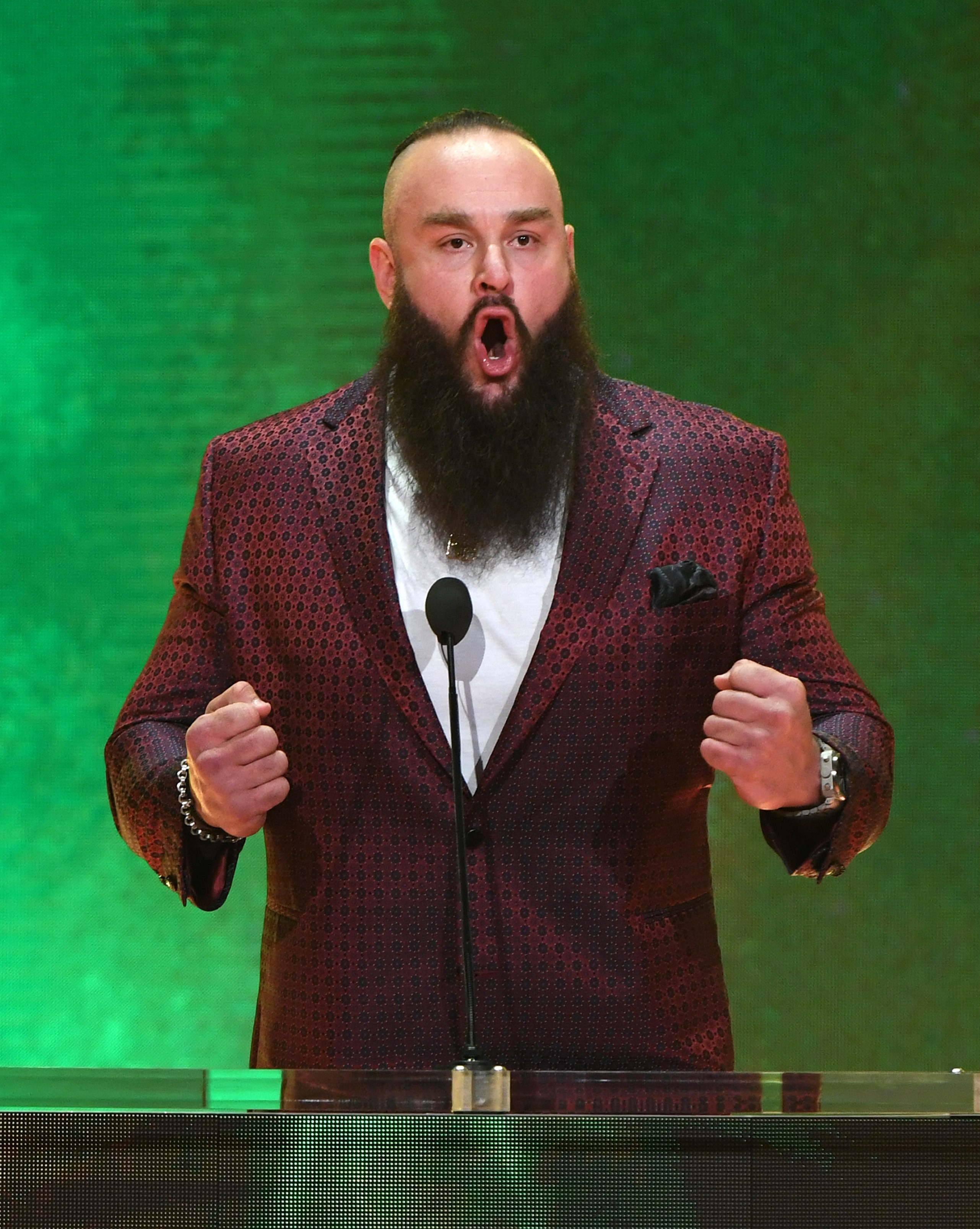LAS VEGAS, NEVADA - OCTOBER 11:  WWE wrestler Braun Strowman speaks during a WWE news conference at T-Mobile Arena on October 11, 2019 in Las Vegas, Nevada. Strowman will face heavyweight boxer Tyson Fury and WWE champion Brock Lesnar will take on former UFC heavyweight champion Cain Velasquez at the WWE's Crown Jewel event at Fahd International Stadium in Riyadh, Saudi Arabia on October 31.  (Photo by Ethan Miller/Getty Images)