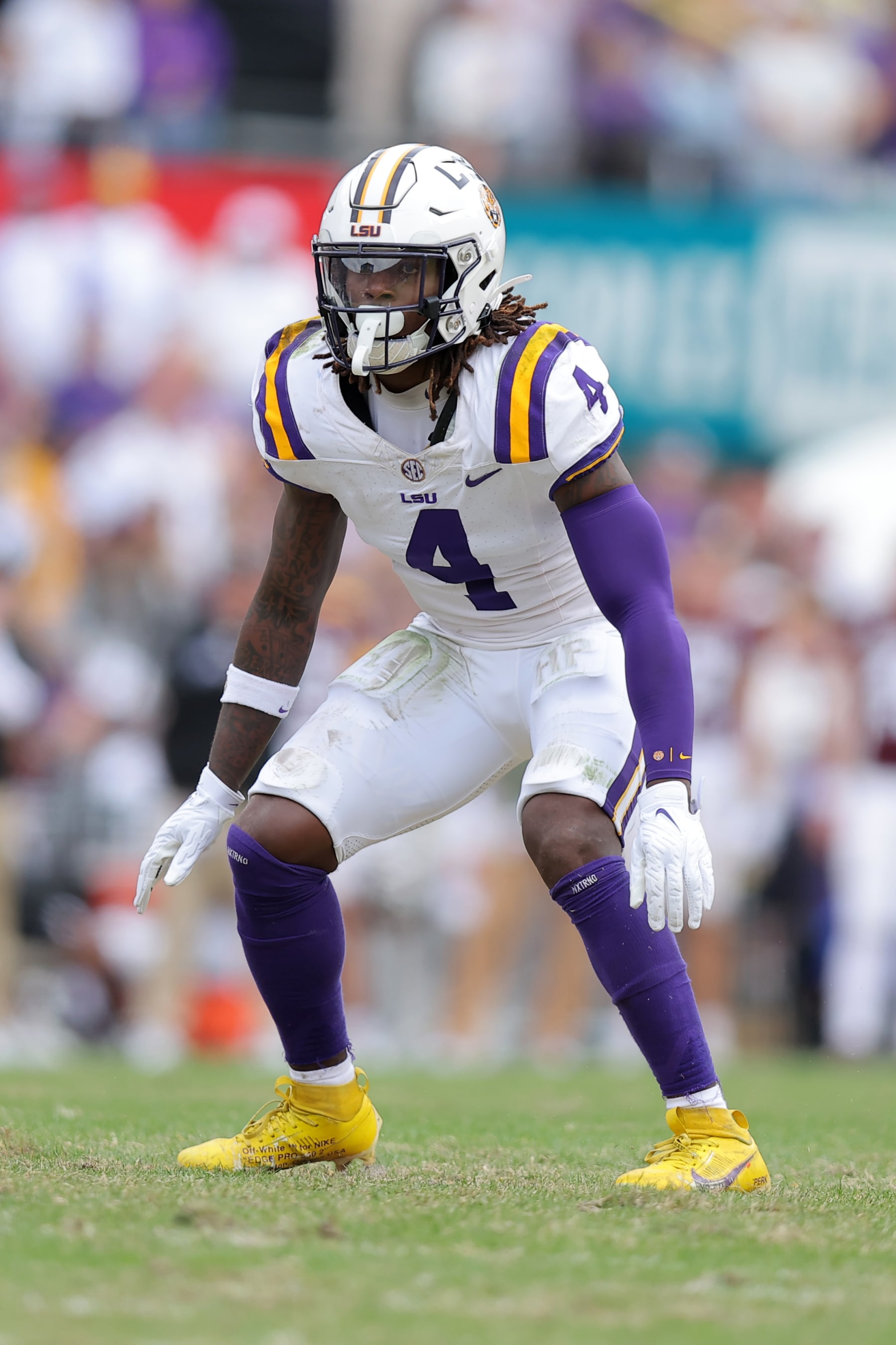 BATON ROUGE, LOUISIANA - NOVEMBER 25: Harold Perkins Jr. #4 of the LSU Tigers in action against the Texas A&M Aggies during a game at Tiger Stadium on November 25, 2023 in Baton Rouge, Louisiana. (Photo by Jonathan Bachman/Getty Images)