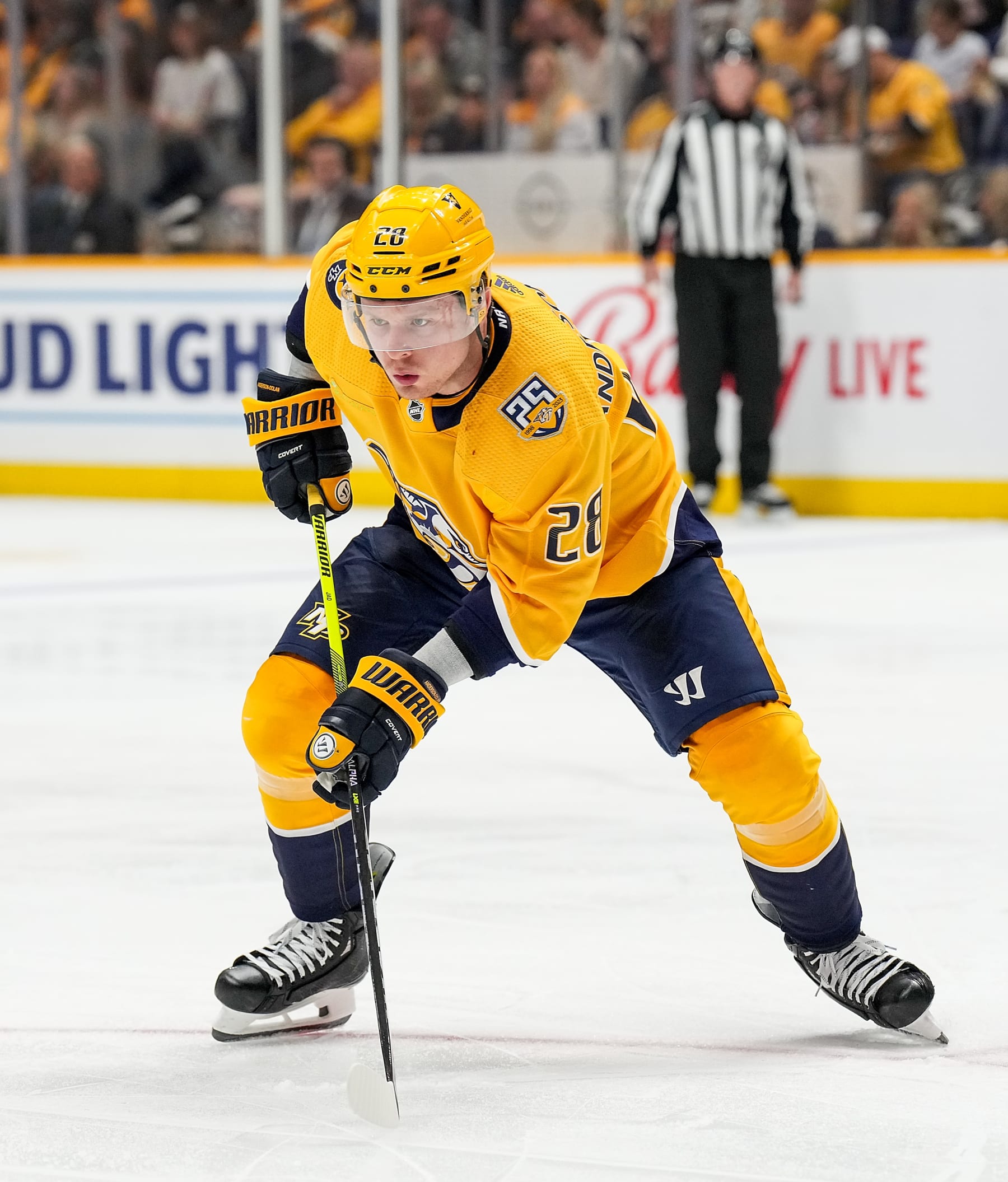 NASHVILLE, TENNESSEE - APRIL 13: Jaret Anderson-Dolan #28 of the Nashville Predators skates against the Columbus Blue Jackets during an NHL game at Bridgestone Arena on April 13, 2024 in Nashville, Tennessee. (Photo by John Russell/NHLI via Getty Images)