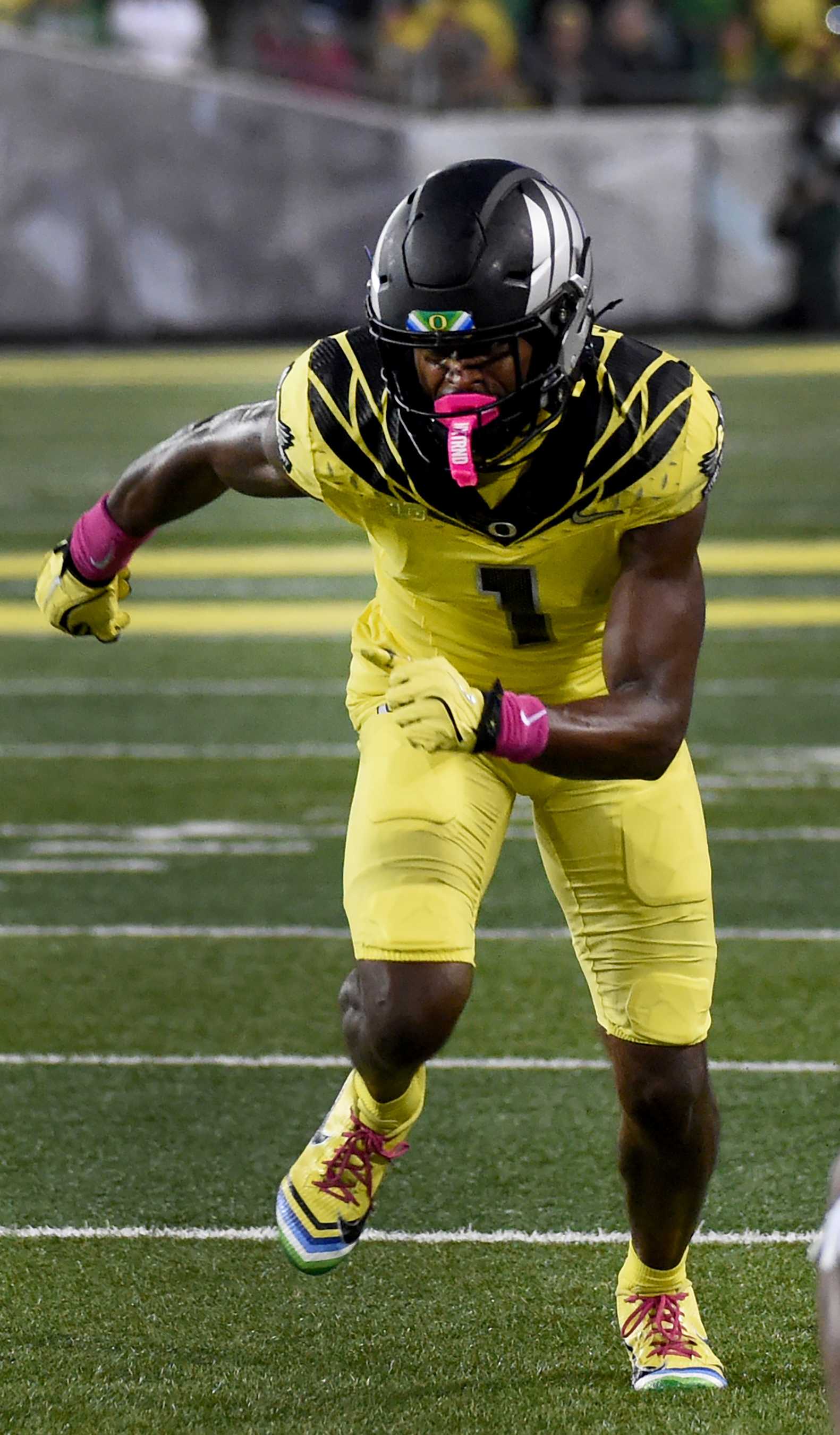EUGENE, OREGON - OCTOBER 04: Wide receiver Traeshon Holden #1 of the Oregon Ducks runs off the line during the second half of the game against the Michigan State Spartans at Autzen Stadium on October 04, 2024 in Eugene, Oregon. (Photo by Steve Dykes/Getty Images)
