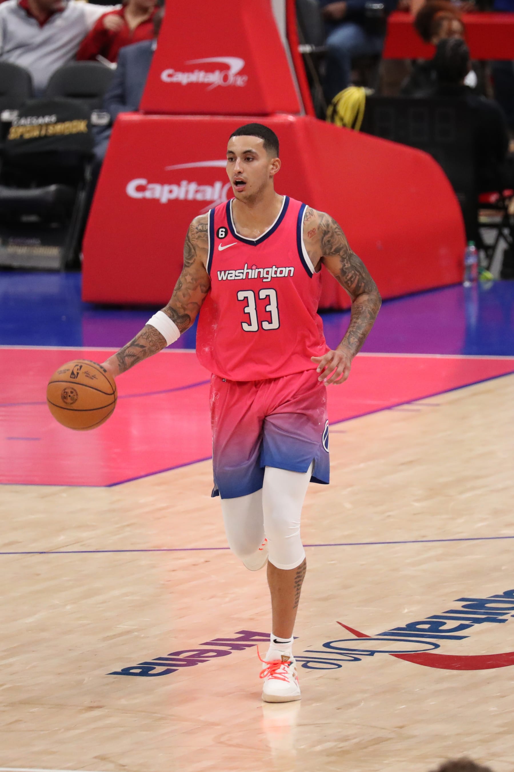WASHINGTON, DC - NOVEMBER 10: Kyle Kuzma #33 of the Washington Wizards dribbles the ball during the game against the Dallas Mavericks on November 10, 2022 at Capital One Arena in Washington, DC. NOTE TO USER: User expressly acknowledges and agrees that, by downloading and or using this Photograph, user is consenting to the terms and conditions of the Getty Images License Agreement. Mandatory Copyright Notice: Copyright 2022 NBAE (Photo by Kenny Giarla/NBAE via Getty Images)