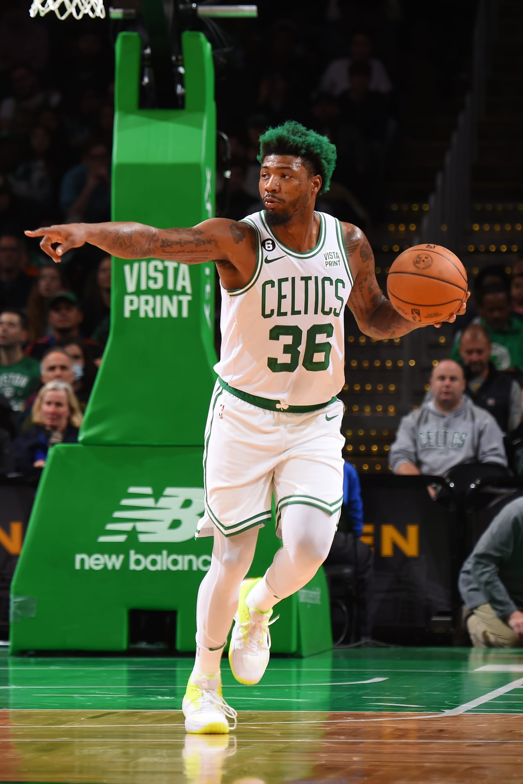BOSTON, MA - OCTOBER 5: Marcus Smart #8 of the Boston Celtics directs his team during the game against the Toronto Raptors on October 5, 2022 at the TD Garden in Boston, Massachusetts.  NOTE TO USER: User expressly acknowledges and agrees that, by downloading and or using this photograph, User is consenting to the terms and conditions of the Getty Images License Agreement. Mandatory Copyright Notice: Copyright 2022 NBAE  (Photo by Brian Babineau/NBAE via Getty Images)