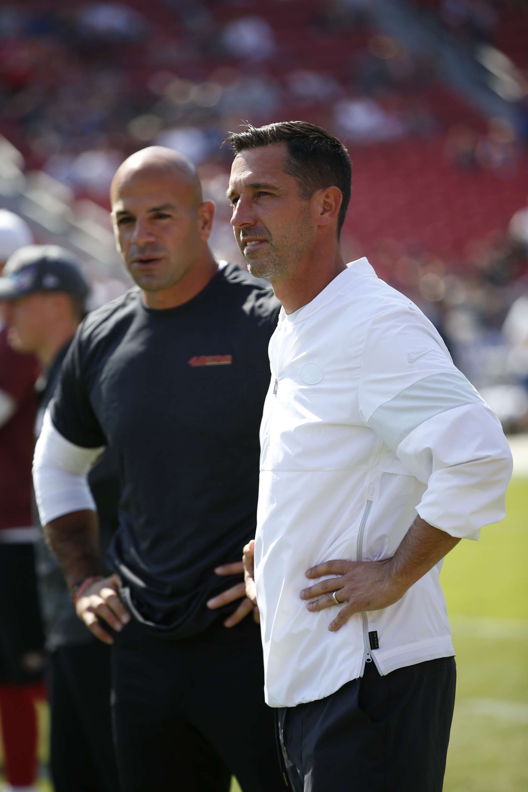 LOS ANGELES, CA - OCTOBER 13: Defensive Coordinator Robert Saleh and Head Coach Kyle Shanahan of the San Francisco 49ers stand on the field prior to the game against the Los Angeles Rams at the Los Angeles Memorial Coliseum on October 13, 2019 in Los Angeles, California. The 49ers defeated the Rams 20-7. (Photo by Michael Zagaris/San Francisco 49ers/Getty Images)