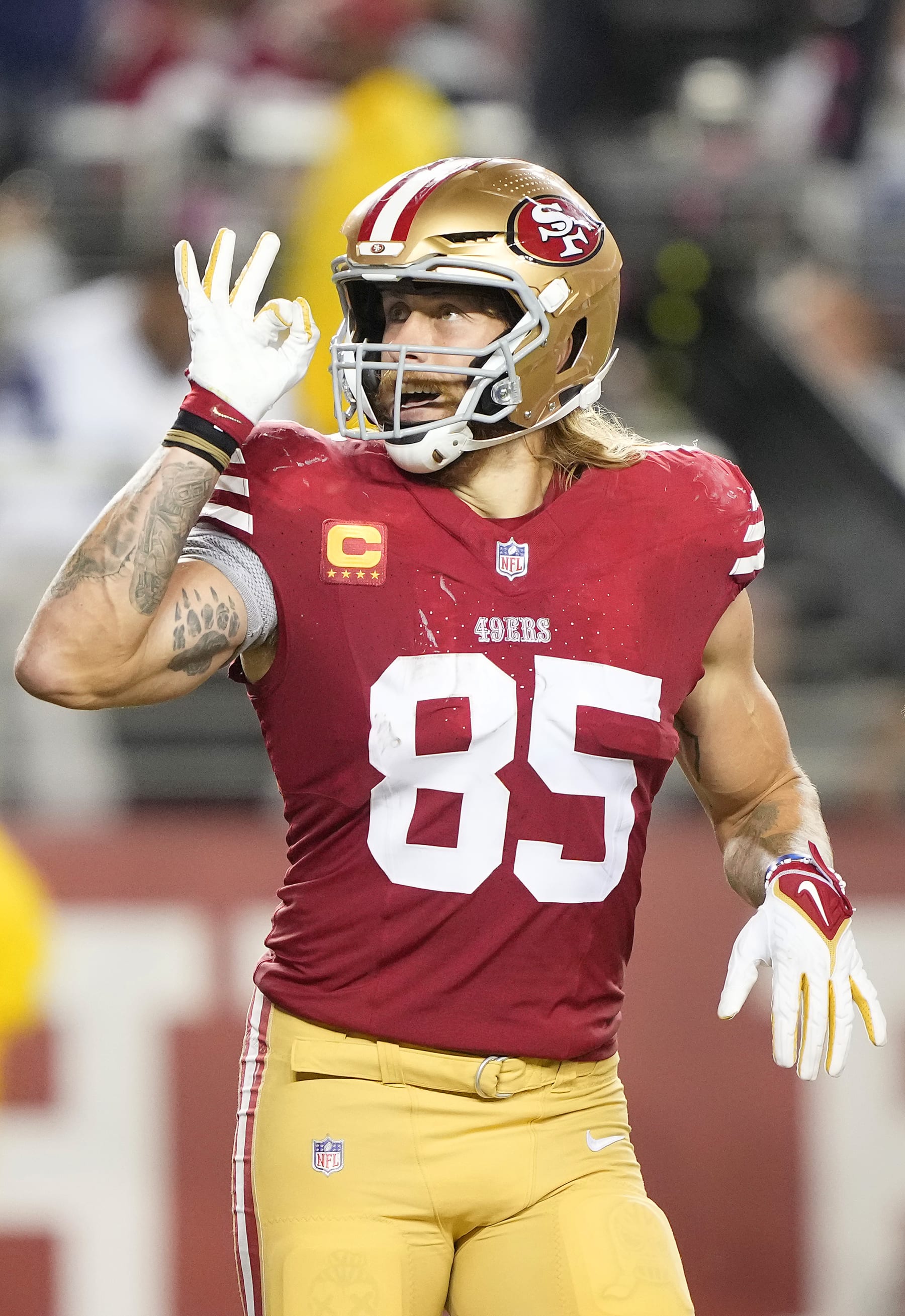 SANTA CLARA, CALIFORNIA - OCTOBER 08: George Kittle #85 of the San Francisco 49ers celebrates after scoring his third touchdown of the day in the third quarter against the Dallas Cowboys at Levi's Stadium on October 08, 2023 in Santa Clara, California. (Photo by Thearon W. Henderson/Getty Images)