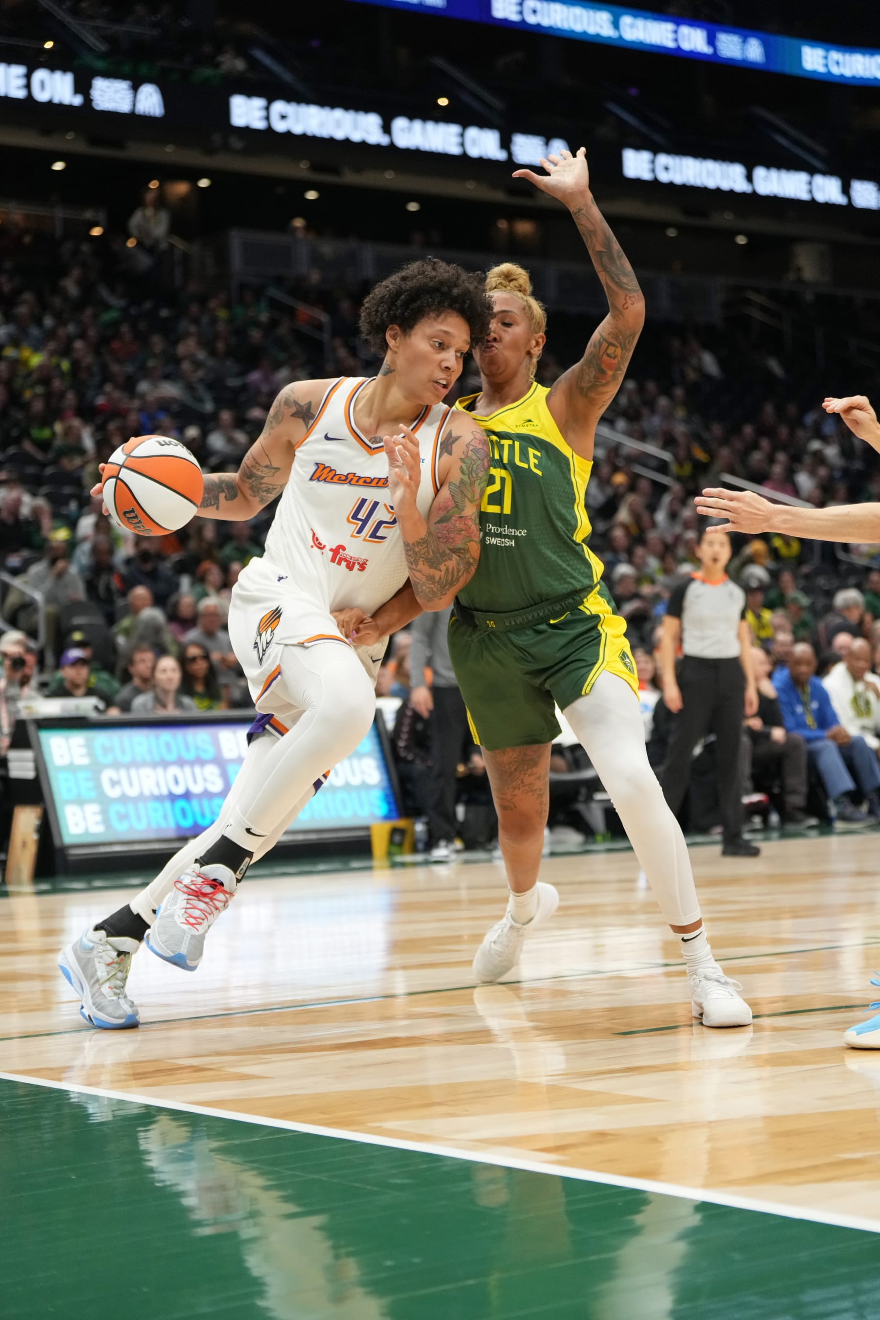 SEATTLE, WA - MAY 7: Brittney Griner #42 of the Phoenix Mercury goes to the basket during the game against the Seattle Storm during the WNBA preseason game on May 7, 2024 at Climate Pledge Arena in Seattle, Washington. NOTE TO USER: User expressly acknowledges and agrees that, by downloading and or using this photograph, User is consenting to the terms and conditions of the Getty Images License Agreement. Mandatory Copyright Notice: Copyright 2024 NBAE (Photo by Liv Lyons/NBAE via Getty Images)