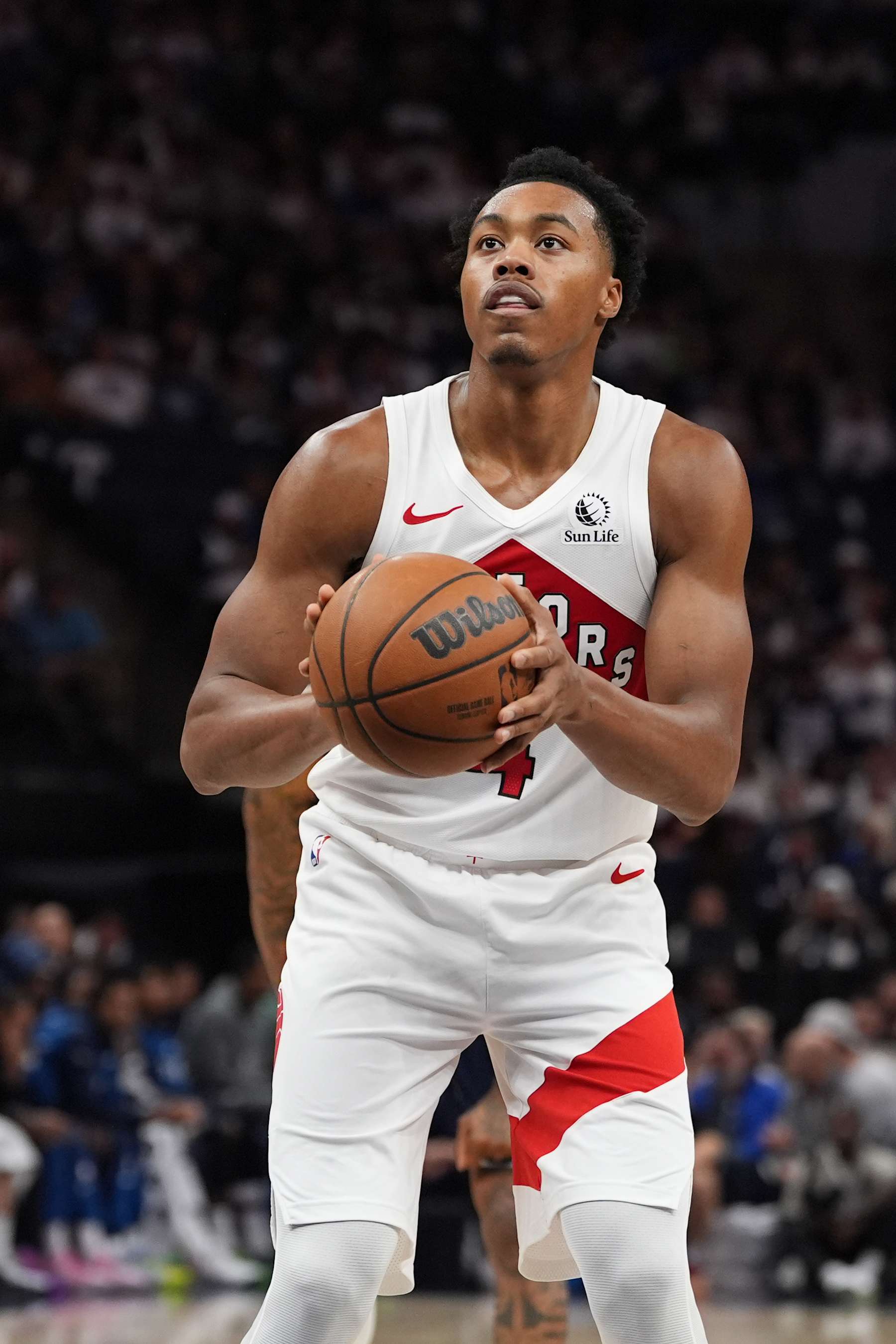 MINNEAPOLIS, MN -  OCTOBER 22: Scottie Barnes #4 of the Toronto Raptors free throw during the game against the Minnesota Timberwolves on October 22, 2024 at Target Center in Minneapolis, Minnesota. NOTE TO USER: User expressly acknowledges and agrees that, by downloading and or using this Photograph, user is consenting to the terms and conditions of the Getty Images License Agreement. Mandatory Copyright Notice: Copyright 2024 NBAE (Photo by Jordan Johnson/NBAE via Getty Images)