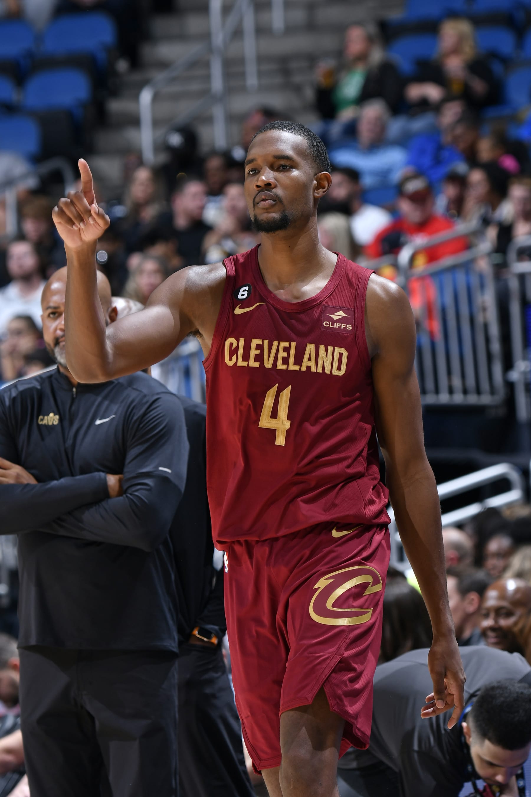ORLANDO, FL - OCTOBER 14: Evan Mobley #4 of the Cleveland Cavaliers points against the Orlando Magic during a preseason game on October 14, 2022 at Amway Center in Orlando, Florida. NOTE TO USER: User expressly acknowledges and agrees that, by downloading and or using this photograph, User is consenting to the terms and conditions of the Getty Images License Agreement. Mandatory Copyright Notice: Copyright 2022 NBAE (Photo by Fernando Medina/NBAE via Getty Images)