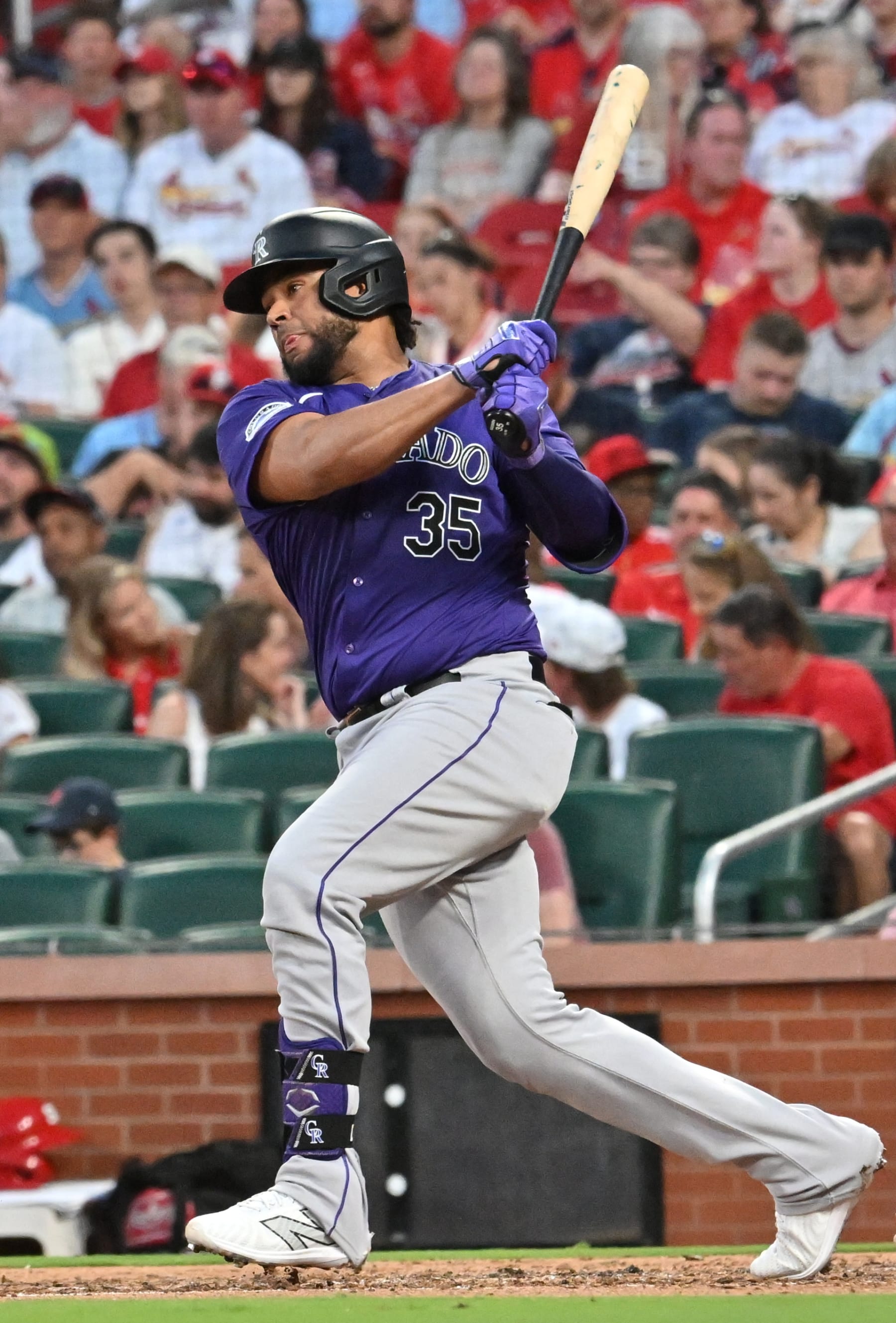 ST. LOUIS, MO - JUNE 07: Colorado Rockies catcher Elias Diaz (35) singles in the fourth inning during the Colorado Rockies at St. Louis Cardinals MLB game on June 07, 2024, at Busch Stadium, St. Louis, MO.  (Photo by Keith Gillett/Icon Sportswire via Getty Images)