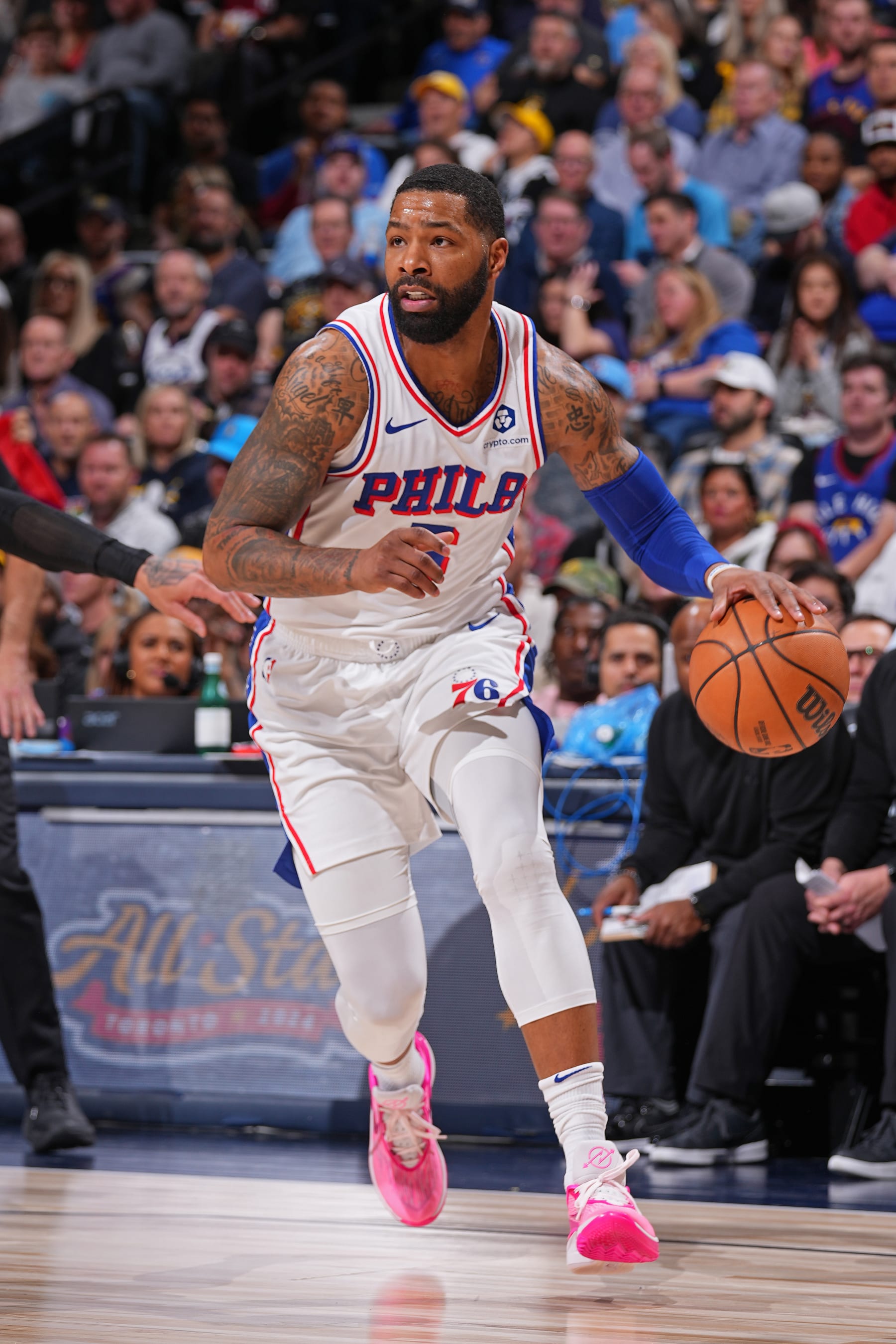 DENVER, CO - JANUARY 27: Marcus Morris Sr. #5 of the Philadelphia 76ers handles the ball during the game against the Denver Nuggets on January 27, 2024 at the Ball Arena in Denver, Colorado. NOTE TO USER: User expressly acknowledges and agrees that, by downloading and/or using this Photograph, user is consenting to the terms and conditions of the Getty Images License Agreement. Mandatory Copyright Notice: Copyright 2024 NBAE (Photo by Bart Young/NBAE via Getty Images)