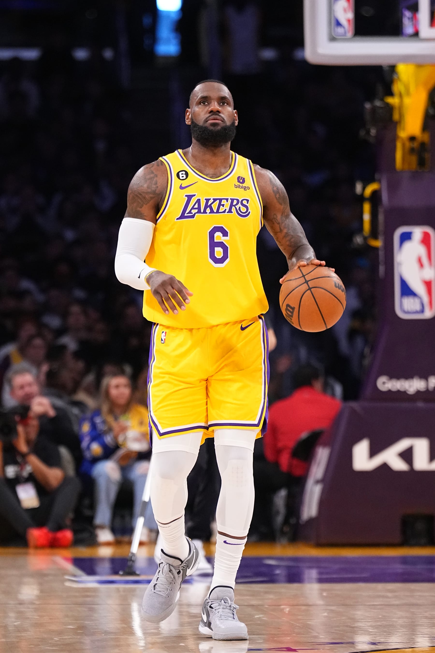 LOS ANGELES, CA - MAY 22: LeBron James #6 of the Los Angeles Lakers dribbles the ball during Game Four of the Western Conference Finals against the Denver Nuggets on May 22, 2023 at Crypto.com Arena in Los Angeles, California. NOTE TO USER: User expressly acknowledges and agrees that, by downloading and/or using this Photograph, user is consenting to the terms and conditions of the Getty Images License Agreement. Mandatory Copyright Notice: Copyright 2023 NBAE (Photo by Garrett Ellwood/NBAE via Getty Images)