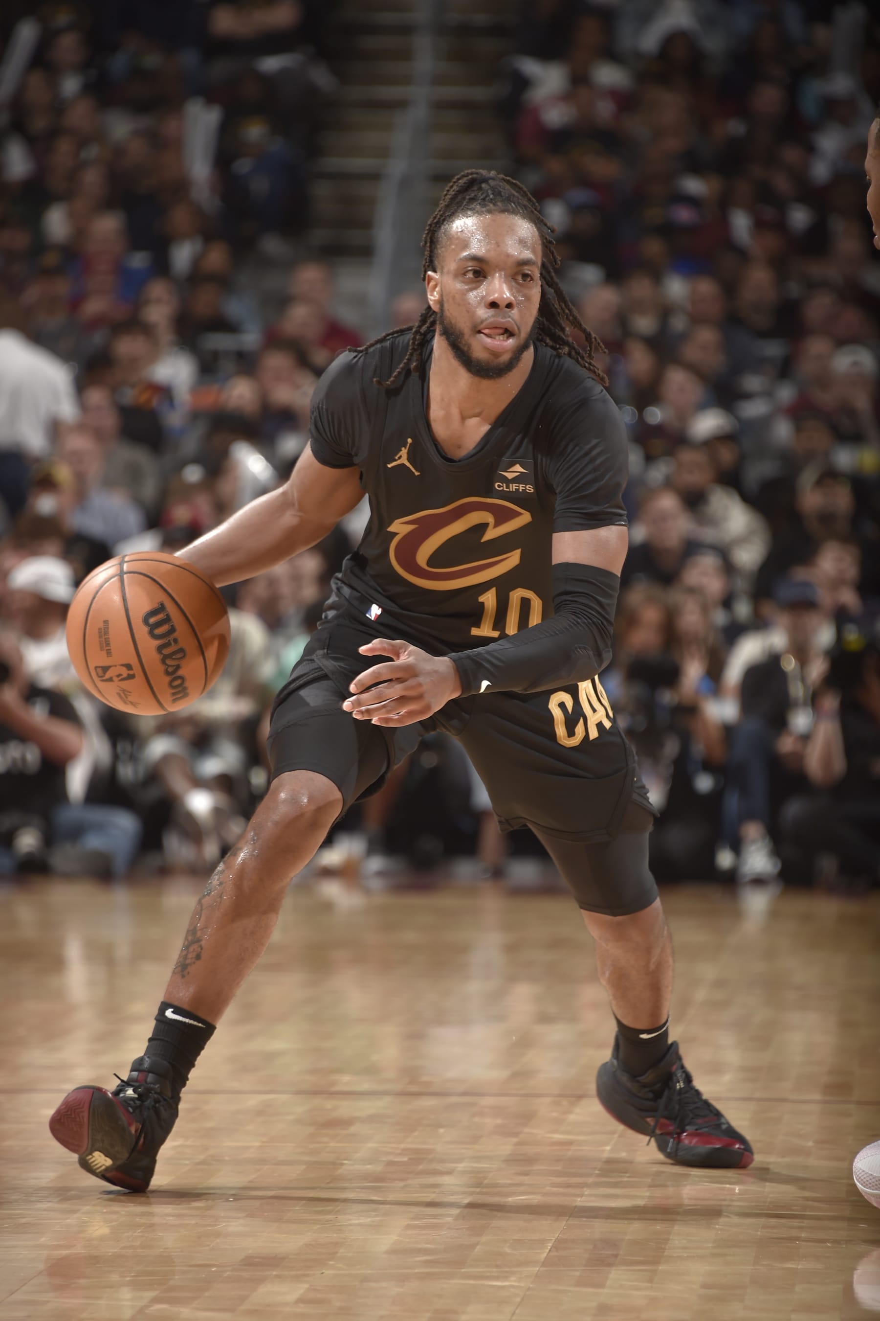 CLEVELAND, OH - APRIL 30:Darius Garland #10 of the Cleveland Cavaliers handles the ball during the game against the Orlando Magic during Round 1 Game 5 of the 2024 NBA Playoffs on April 30, 2024 at Rocket Mortgage FieldHouse in Cleveland, Ohio. NOTE TO USER: User expressly acknowledges and agrees that, by downloading and/or using this Photograph, user is consenting to the terms and conditions of the Getty Images License Agreement. Mandatory Copyright Notice: Copyright 2024 NBAE (Photo by David Liam Kyle/NBAE via Getty Images)