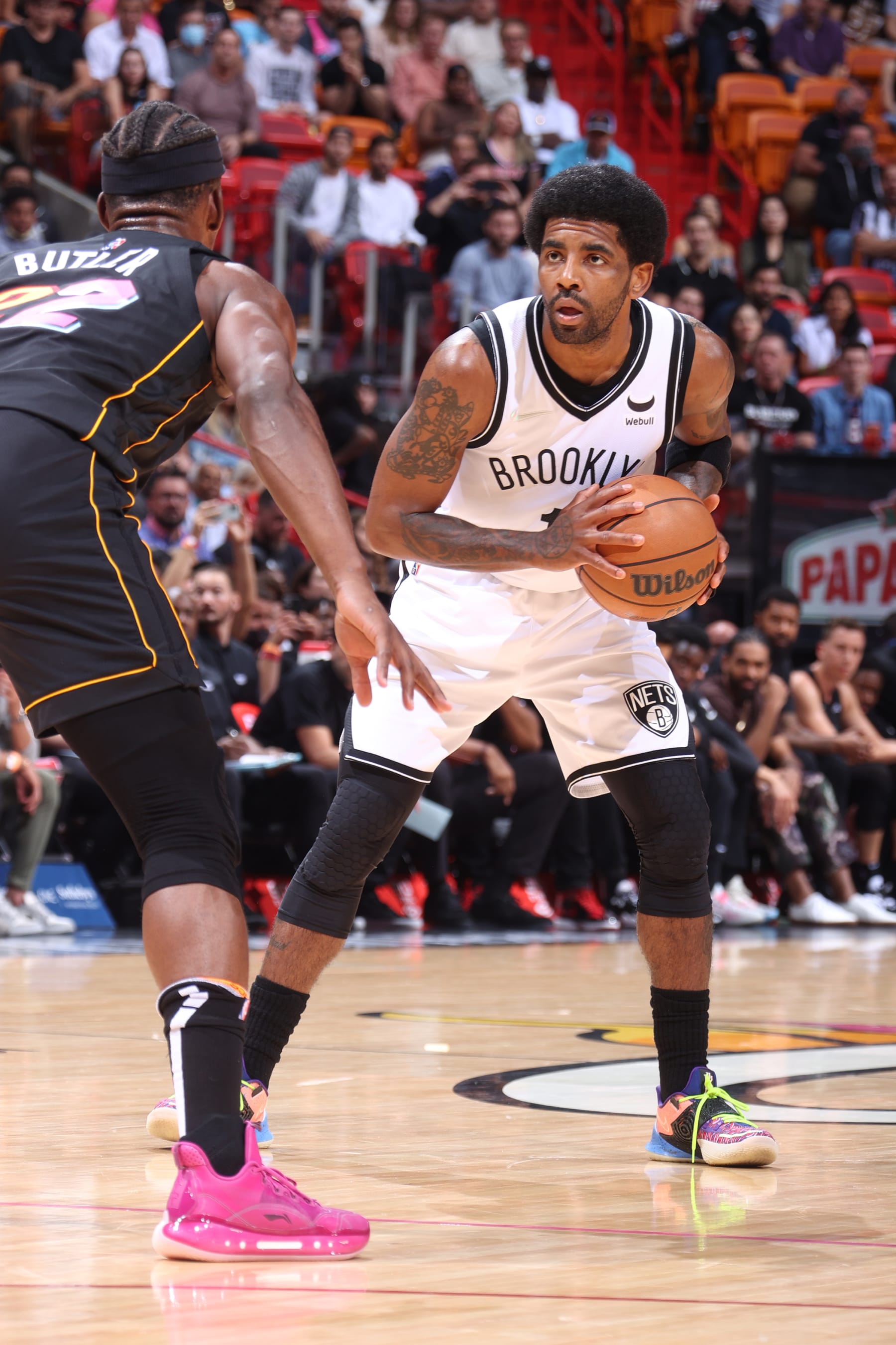 MIAMI, FL - MARCH 26: Kyrie Irving #11 of the Brooklyn Nets drives to the basket during the game against the Miami Heat on March 26, 2022 at FTX Arena in Miami, Florida. NOTE TO USER: User expressly acknowledges and agrees that, by downloading and or using this Photograph, user is consenting to the terms and conditions of the Getty Images License Agreement. Mandatory Copyright Notice: Copyright 2022 NBAE (Photo by Nathaniel S. Butler/NBAE via Getty Images)