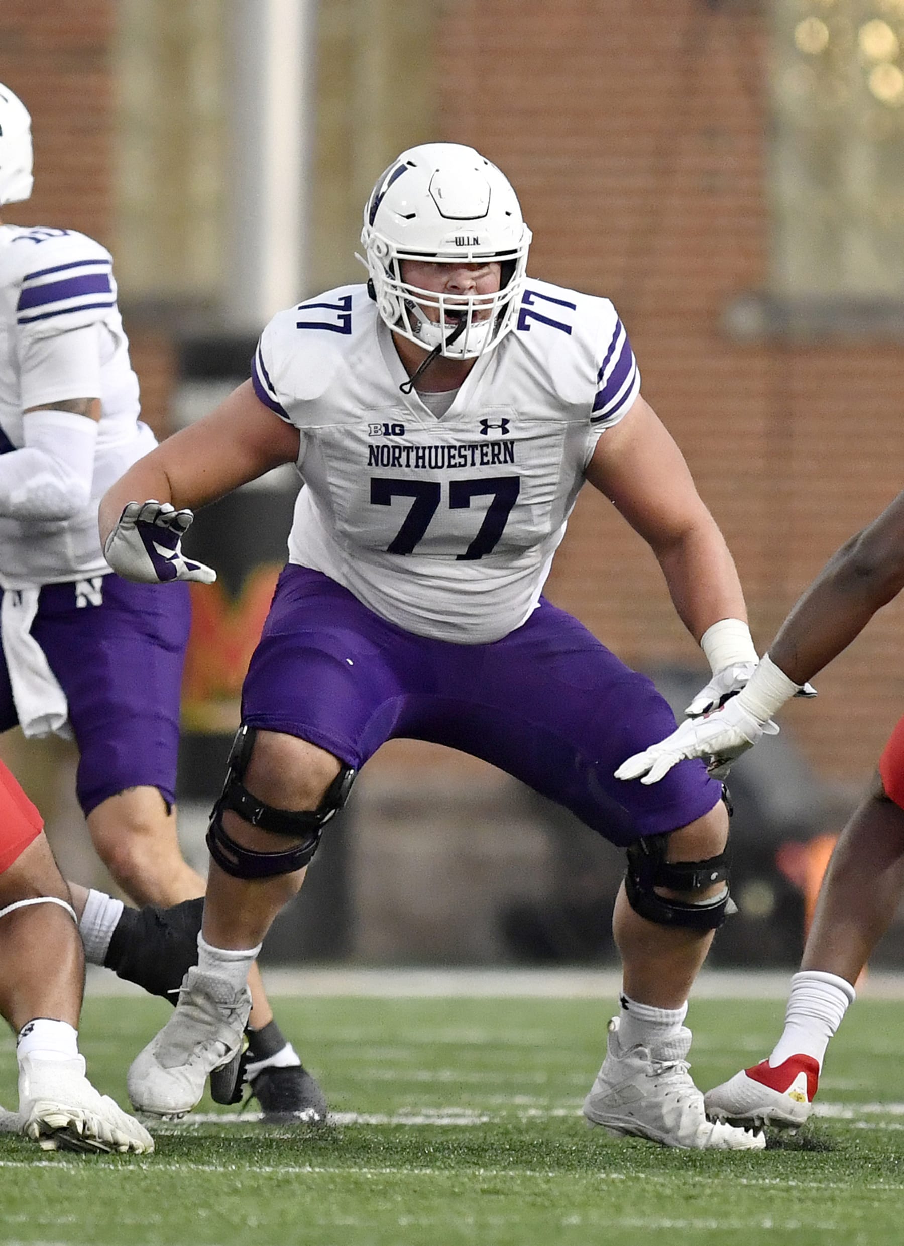COLLEGE PARK, MD - OCTOBER 22: Northwestern guard Peter Skoronski (77) pass blocks during the Northwestern Wildcats versus Maryland Terrapins game on October 22, 2022 at Capital One Field at Maryland Stadium in College Park, MD. (Photo by Randy Litzinger/Icon Sportswire via Getty Images)