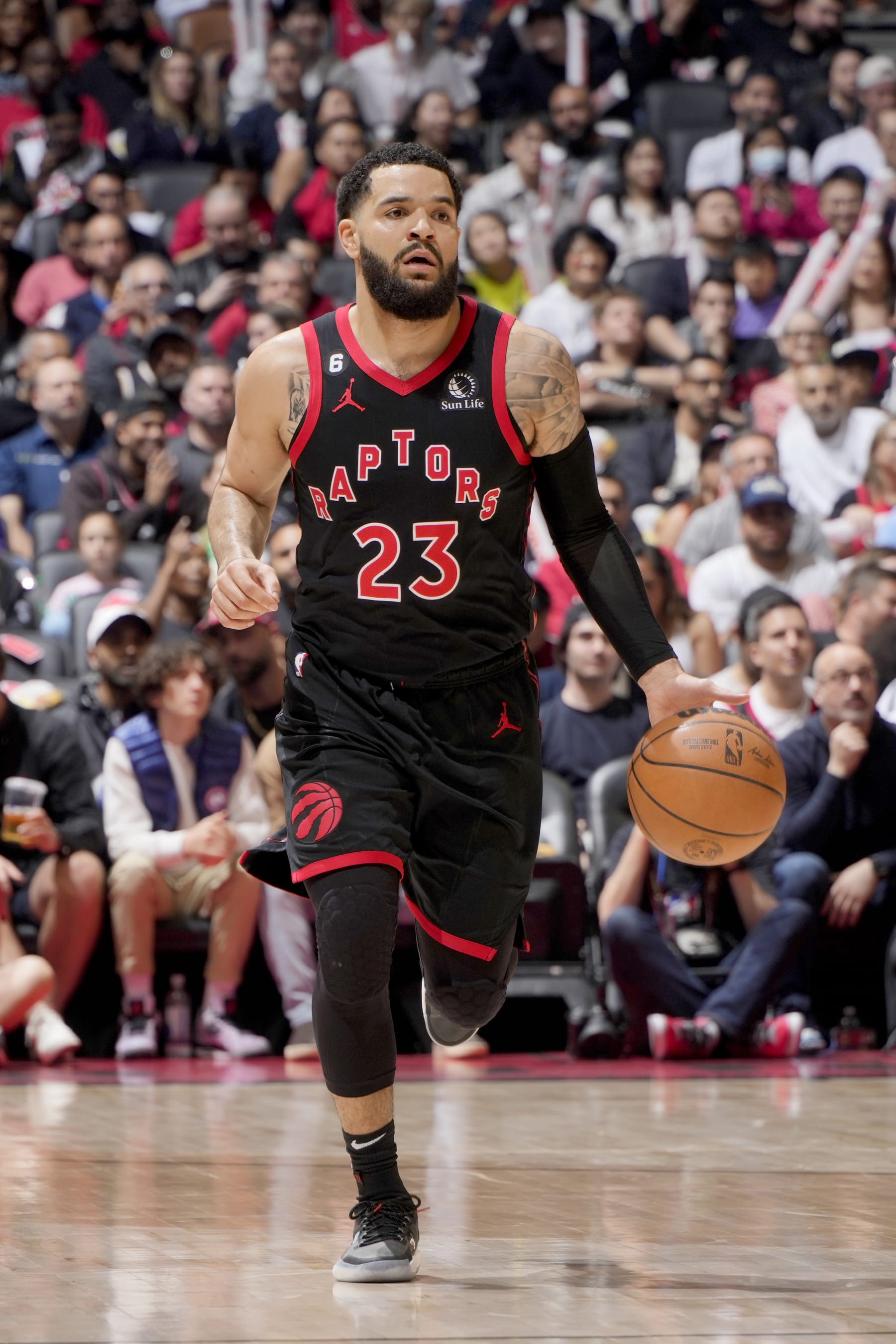 TORONTO, CANADA - APRIL 12:  Fred VanVleet #23 of the Toronto Raptors dribbles the ball against the Chicago Bulls during the 2023 Play-In Tournament on April 12, 2023 at the Scotiabank Arena in Toronto, Ontario, Canada.  NOTE TO USER: User expressly acknowledges and agrees that, by downloading and or using this Photograph, user is consenting to the terms and conditions of the Getty Images License Agreement.  Mandatory Copyright Notice: Copyright 2022 NBAE (Photo by Mark Blinch/NBAE via Getty Images)