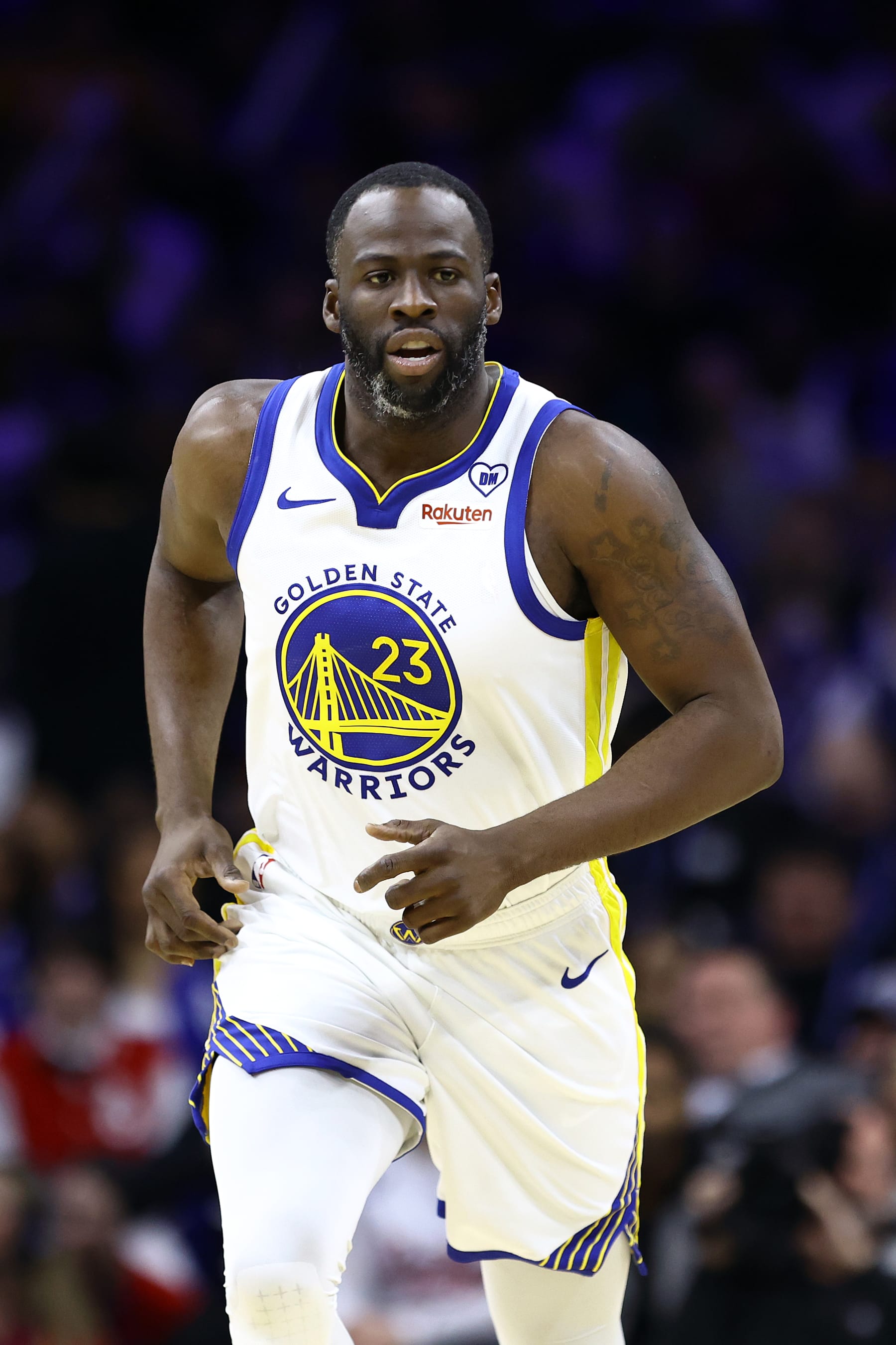 PHILADELPHIA, PENNSYLVANIA - FEBRUARY 07: Draymond Green #23 of the Golden State Warriors looks on during the third quarter against the Philadelphia 76ers at the Wells Fargo Center on February 07, 2024 in Philadelphia, Pennsylvania. NOTE TO USER: User expressly acknowledges and agrees that, by downloading and or using this photograph, User is consenting to the terms and conditions of the Getty Images License Agreement. (Photo by Tim Nwachukwu/Getty Images)