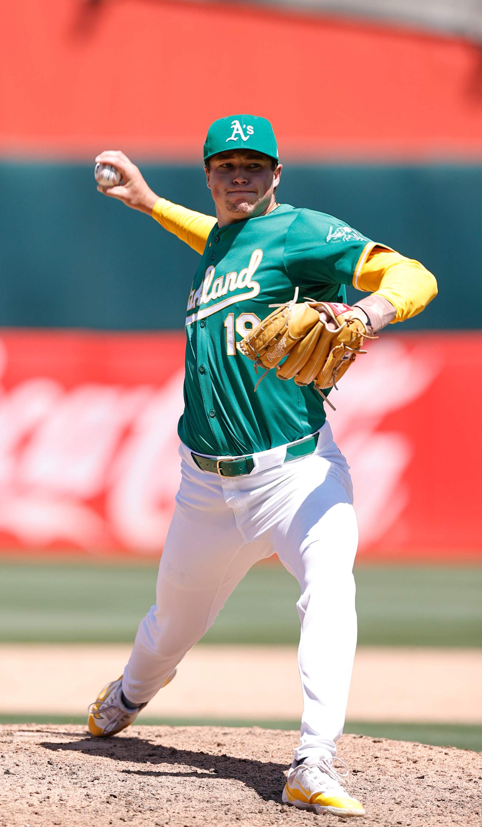 OAKLAND, CA - AUGUST 7: Mason Miller #19 of the Oakland Athletics pitches during the game against the Chicago White Sox at the Oakland Coliseum on August 7, 2024 in Oakland, California. The Athletics defeated the White Sox 3-2. (Photo by Michael Zagaris/Oakland Athletics/Getty Images)