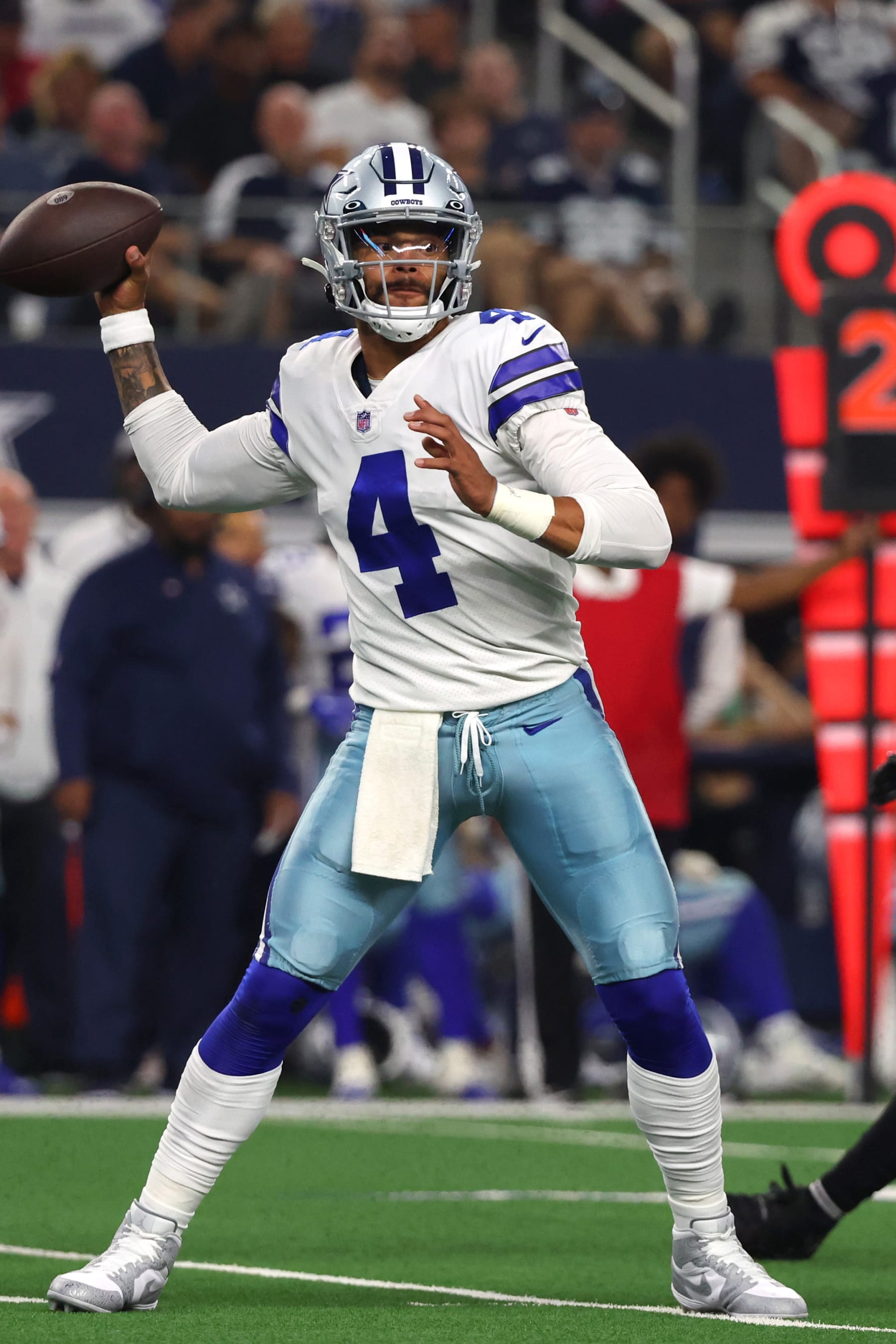 ARLINGTON, TEXAS - SEPTEMBER 11: Dak Prescott #4 of the Dallas Cowboys makes a pass against the Tampa Bay Buccaneers during the second half at AT&T Stadium on September 11, 2022 in Arlington, Texas. (Photo by Richard Rodriguez/Getty Images)