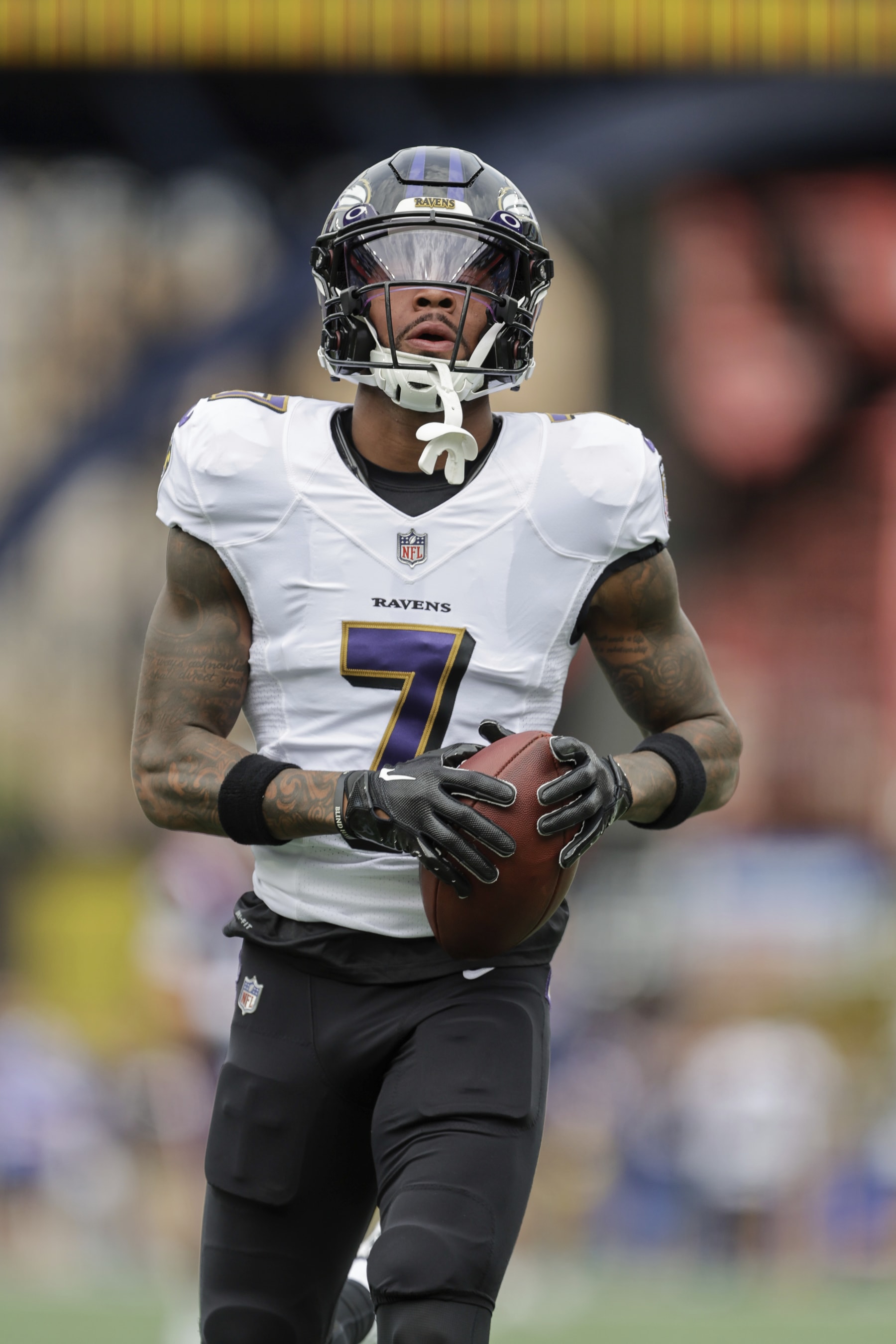 Baltimore Ravens wide receiver Rashod Bateman (7) warms up prior to an NFL football game against the New England Patriots, Sunday, Sep. 25, 2022, in Foxborough, Mass. (AP Photo/Stew Milne)