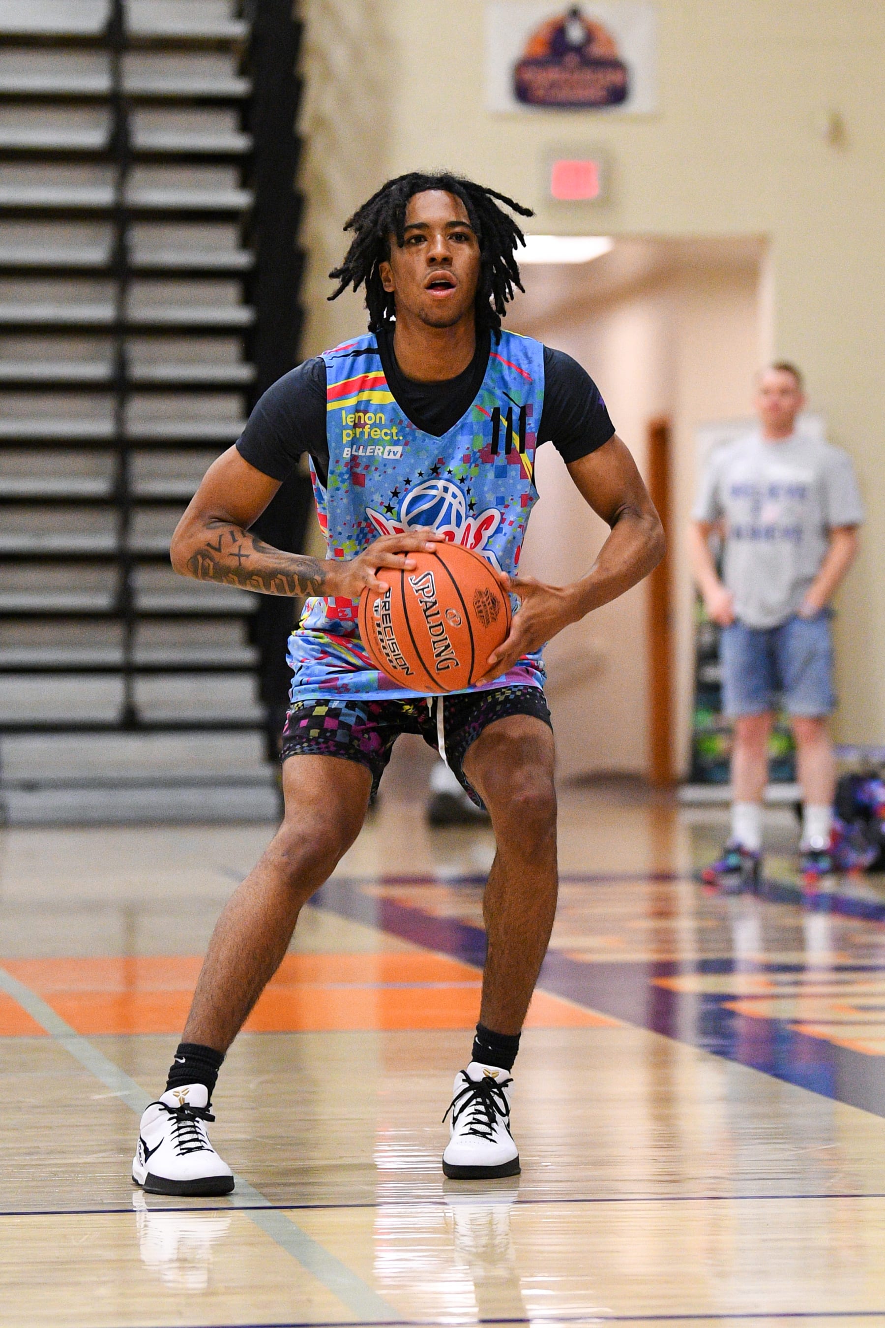 LAS VEGAS, NV - JUNE 05: Johnuel Boogie Fland dribbles up the court during the Pangos All-American Camp on June 5, 2023 at the Bishop Gorman High School in Las Vegas, NV. (Photo by Brian Rothmuller/Icon Sportswire via Getty Images)