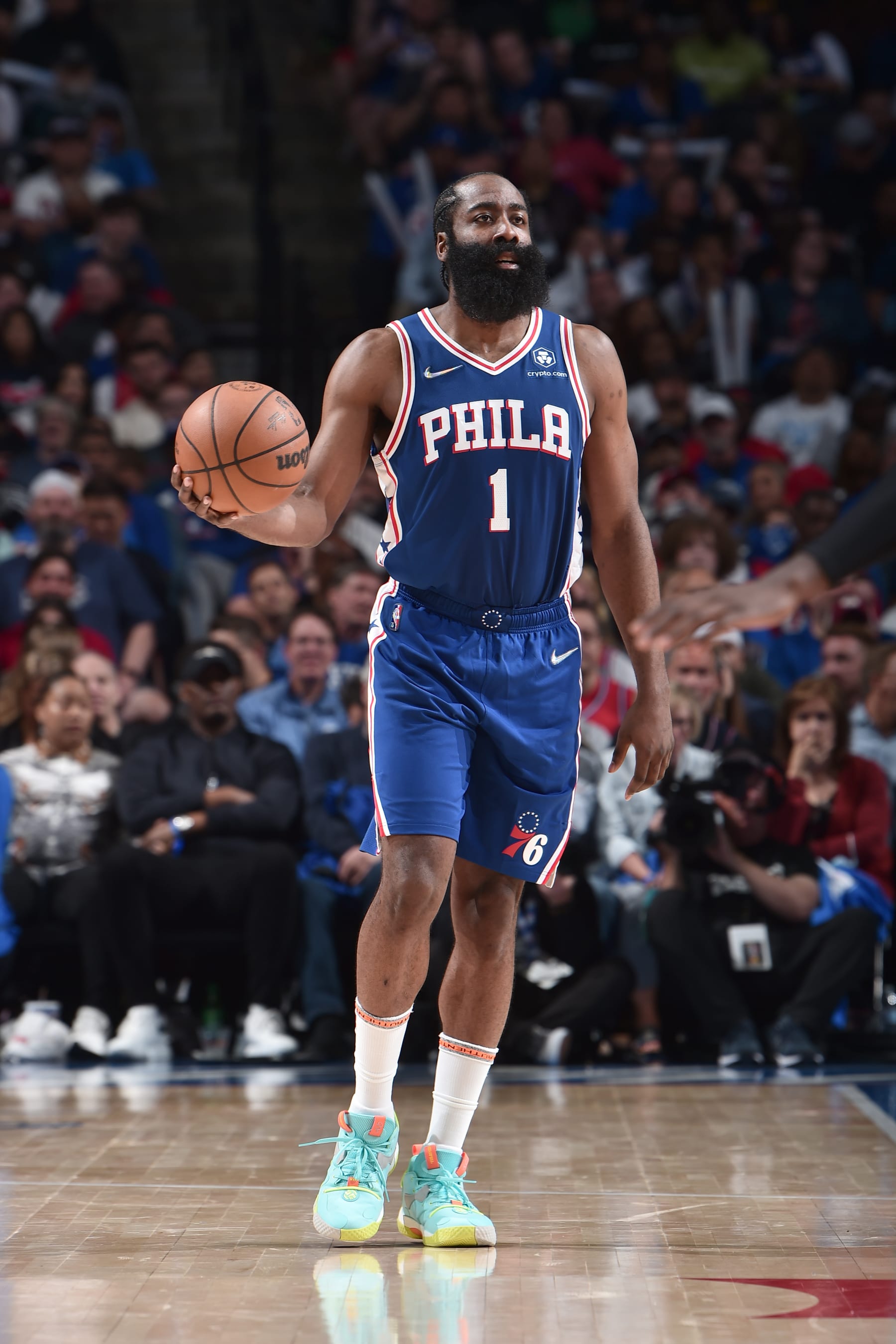 PHILADELPHIA, PA - MAY 12: James Harden #1 of the Philadelphia 76ers dribbles the ball against the Miami Heat during Game 6 of the 2022 NBA Playoffs Eastern Conference Semifinals on May 12, 2022 at the Wells Fargo Center in Philadelphia, Pennsylvania NOTE TO USER: User expressly acknowledges and agrees that, by downloading and/or using this Photograph, user is consenting to the terms and conditions of the Getty Images License Agreement. Mandatory Copyright Notice: Copyright 2022 NBAE (Photo by David Dow/NBAE via Getty Images)
