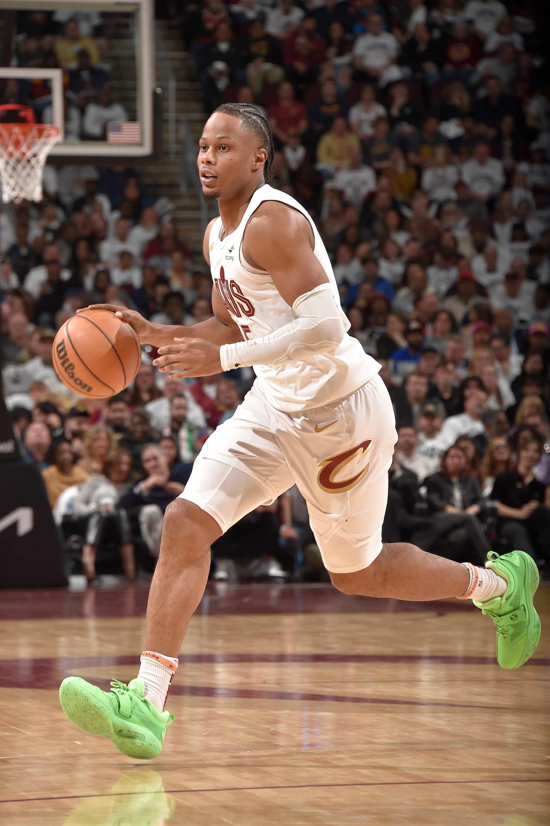 CLEVELAND, OH - APRIL 22: Isaac Okoro #35 of the Cleveland Cavaliers dribbles the ball during the game against the Orlando Magic during Round 1 Game 2 of the 2024 NBA Playoffs on April 22, 2024 at Rocket Mortgage FieldHouse in Cleveland, Ohio. NOTE TO USER: User expressly acknowledges and agrees that, by downloading and/or using this Photograph, user is consenting to the terms and conditions of the Getty Images License Agreement. Mandatory Copyright Notice: Copyright 2024 NBAE (Photo by David Liam Kyle/NBAE via Getty Images)