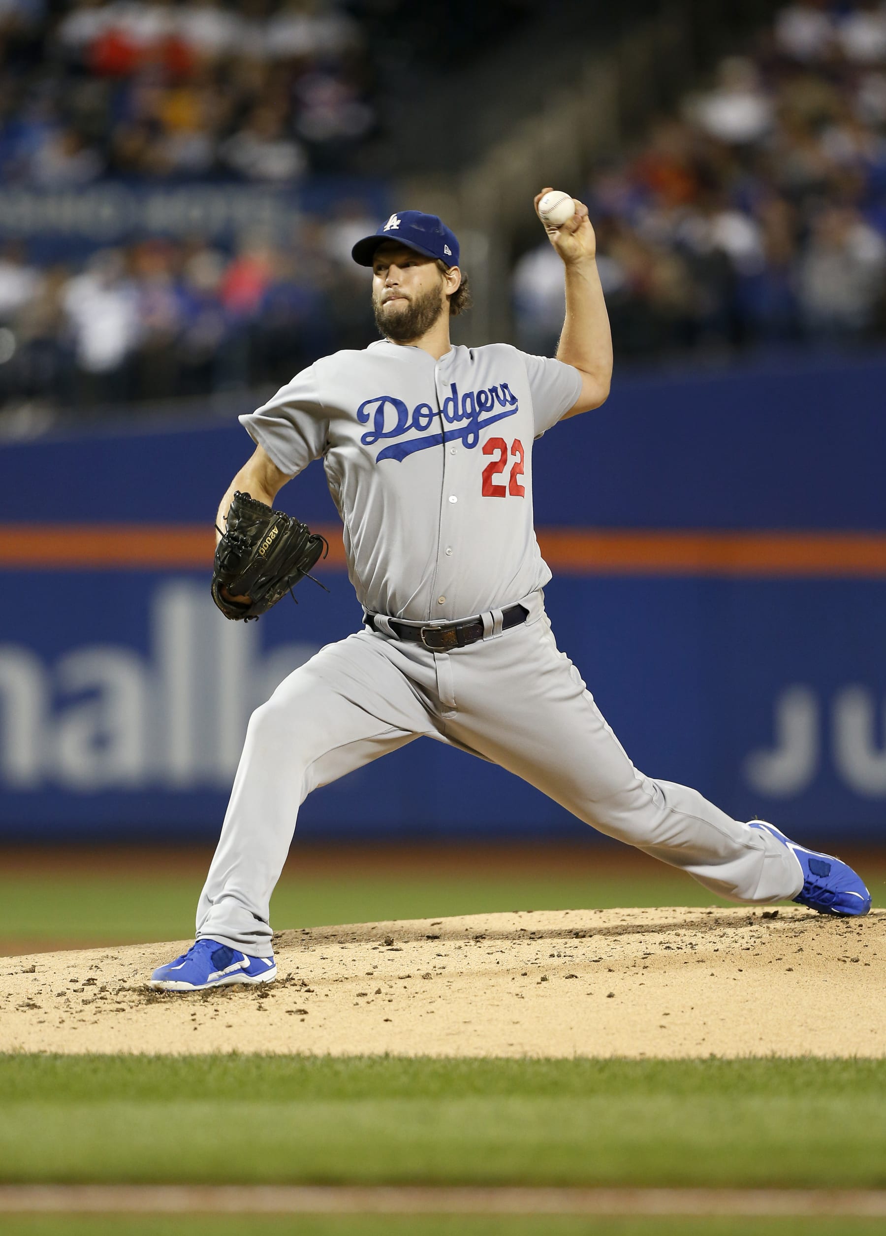 NEW YORK, NEW YORK - SEPTEMBER 13:   Clayton Kershaw #22 of the Los Angeles Dodgers in action against the New York Mets at Citi Field on September 13, 2019 in New York City. The Dodgers defeated the Mets 9-2. (Photo by Jim McIsaac/Getty Images)