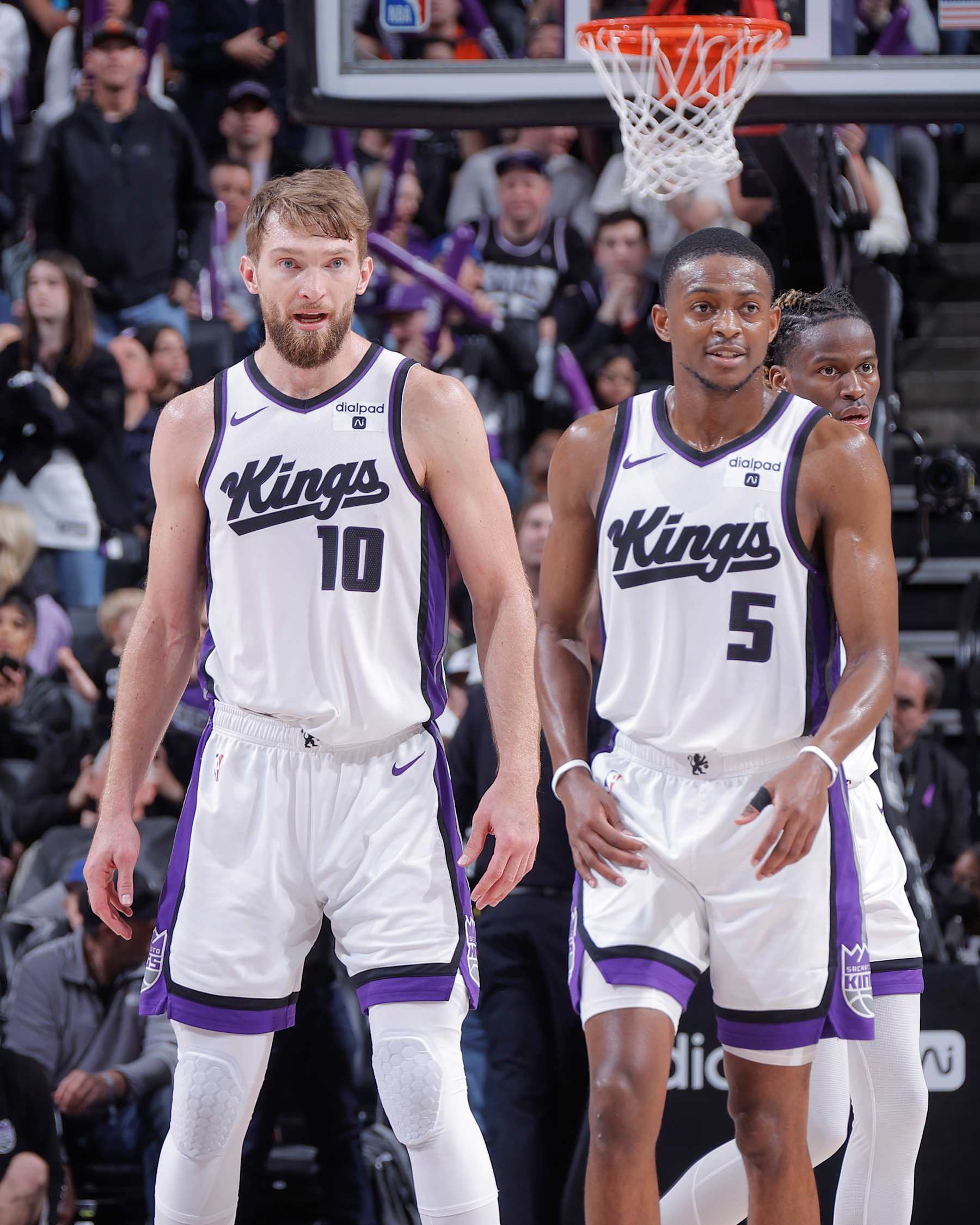 SACRAMENTO, CA - MARCH 29:  Domantas Sabonis #10 of the Sacramento Kings & De'Aaron Fox #5 of the Sacramento Kings looks on during the game on March 29, 2024 at Golden 1 Center in Sacramento, California. NOTE TO USER: User expressly acknowledges and agrees that, by downloading and or using this Photograph, user is consenting to the terms and conditions of the Getty Images License Agreement. Mandatory Copyright Notice: Copyright 2024 NBAE (Photo by Rocky Widner/NBAE via Getty Images)
