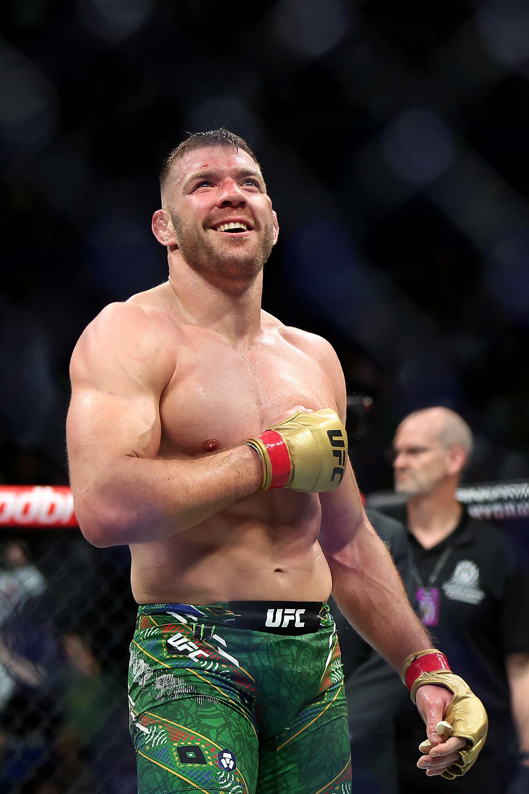 PERTH, AUSTRALIA - AUGUST 18: Dricus Du Plessis of South Africa celebrates winning his fight against Israel Adesanya of Nigeria by submission during UFC 305 at RAC Arena on August 18, 2024 in Perth, Australia. (Photo by Paul Kane/Getty Images)