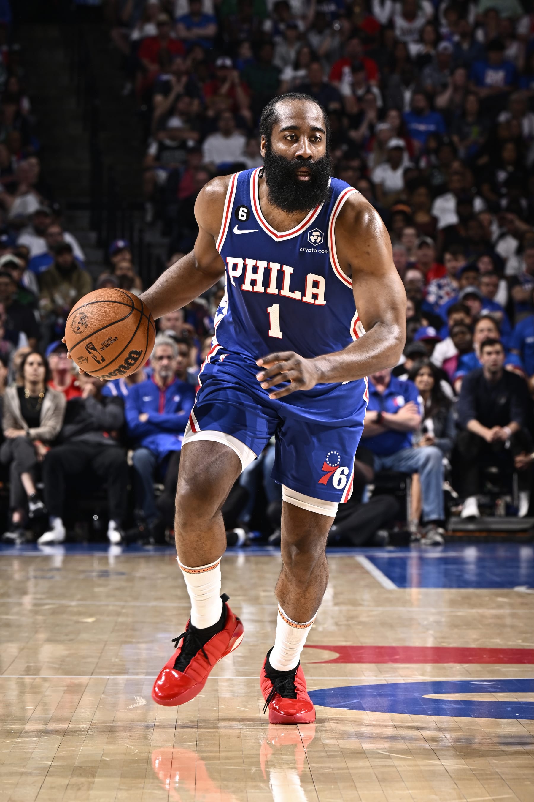 PHILADELPHIA, PA - MAY 7: James Harden #1 of the Philadelphia 76ers handles the ball during the game against the Boston Celtics during round two game four of the 2023 NBA Playoffs on on May 7, 2023 at the Wells Fargo Center in Philadelphia, Pennsylvania NOTE TO USER: User expressly acknowledges and agrees that, by downloading and/or using this Photograph, user is consenting to the terms and conditions of the Getty Images License Agreement. Mandatory Copyright Notice: Copyright 2023 NBAE (Photo by David Dow/NBAE via Getty Images)