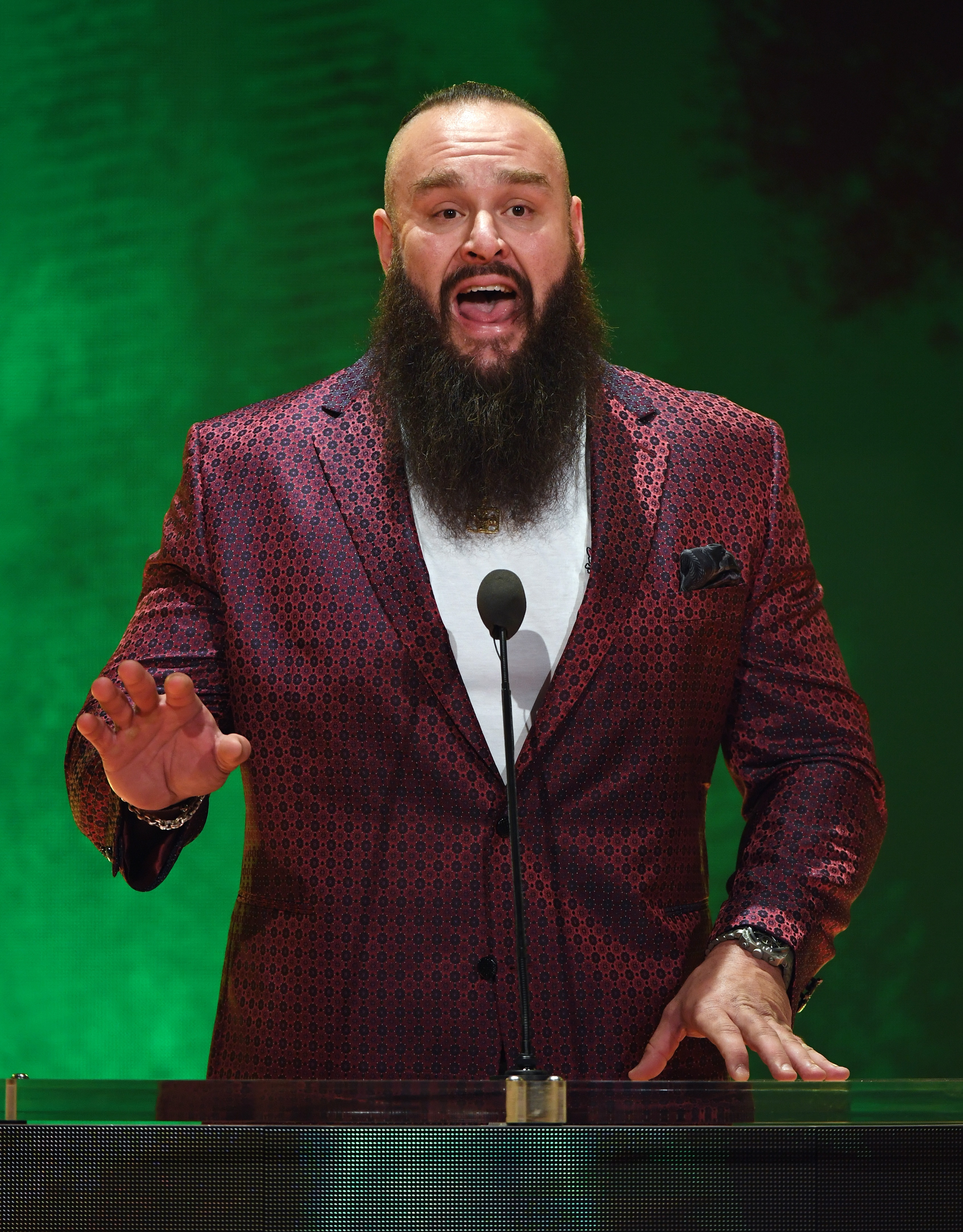 LAS VEGAS, NEVADA - OCTOBER 11:  WWE wrestler Braun Strowman speaks during a WWE news conference at T-Mobile Arena on October 11, 2019 in Las Vegas, Nevada. Strowman will face heavyweight boxer Tyson Fury and WWE champion Brock Lesnar will take on former UFC heavyweight champion Cain Velasquez at the WWE's Crown Jewel event at Fahd International Stadium in Riyadh, Saudi Arabia on October 31.  (Photo by Ethan Miller/Getty Images)