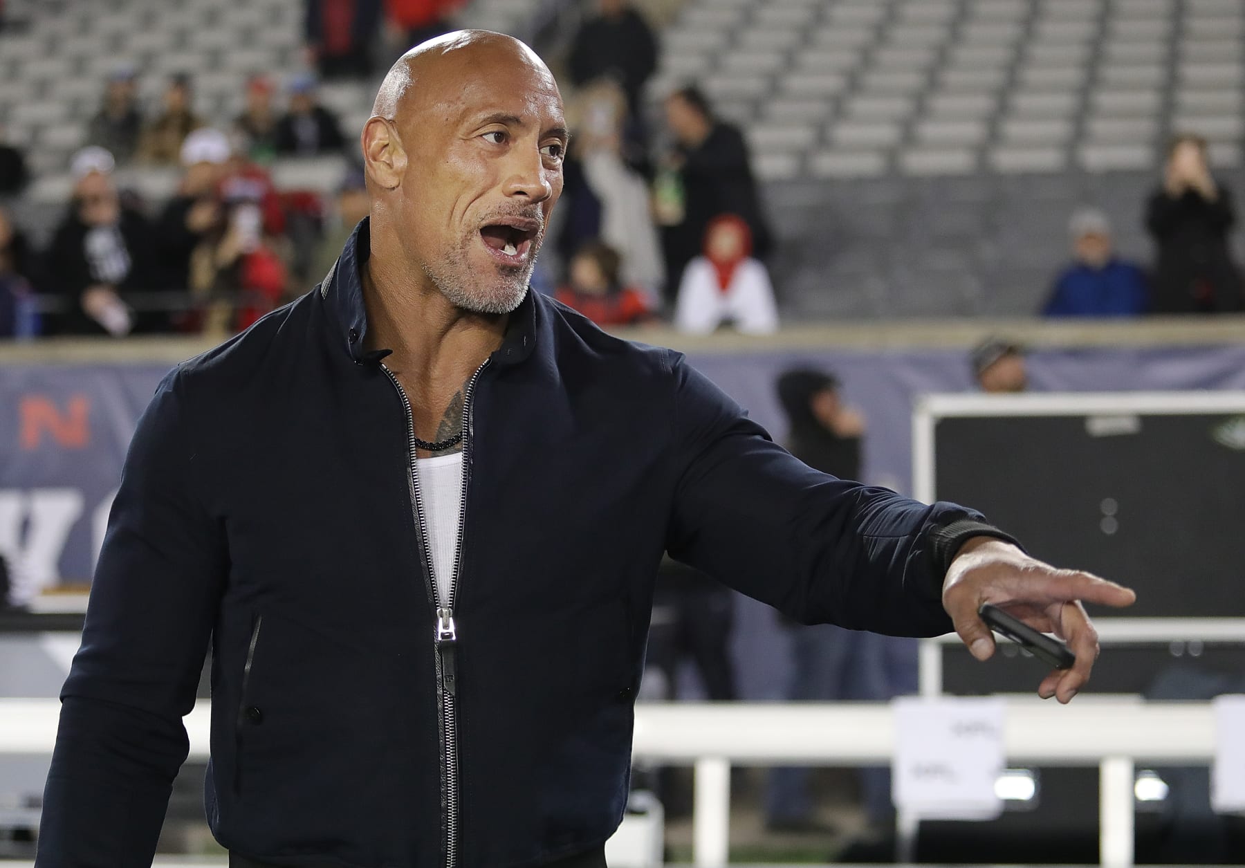 HOUSTON, TEXAS - FEBRUARY 18: XFL co-owner Dwayne "The Rock" Johnson make an appearance at TDECU Stadium as the Houston Roughnecks play the Orlando Guardia on February 18, 2023 in Houston, Texas. (Photo by Bob Levey/Getty Images)