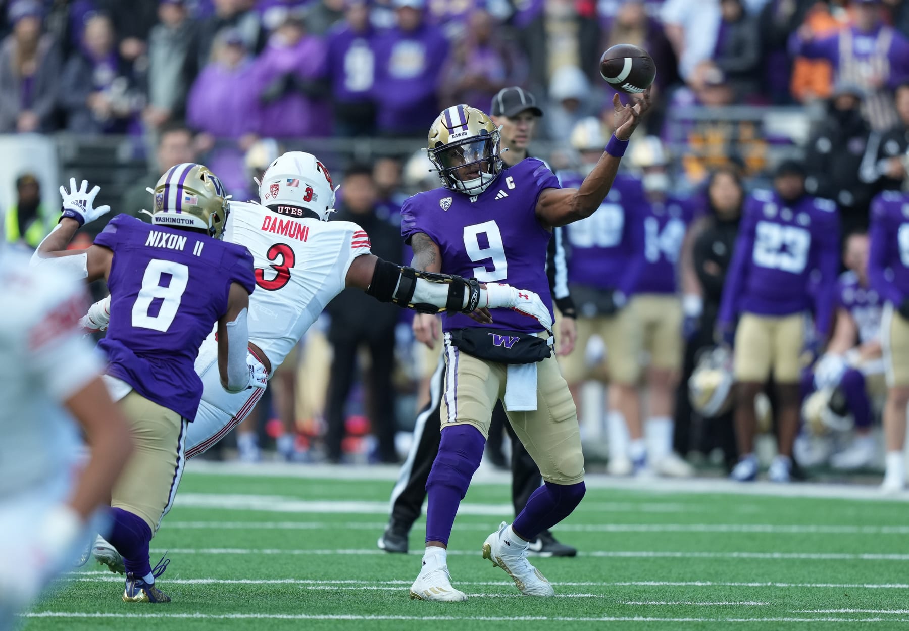 SEATTLE, WA - NOVEMBER 11: Washington Huskies quarterback Michael Penix Jr. (9) makes a throw during a PAC12 game between the Washington Huskies and the Utah Utes on Nov 11, 2023 at Husky Stadium in Seattle, WA. (Photo by Jeff Halstead/Icon Sportswire via Getty Images)