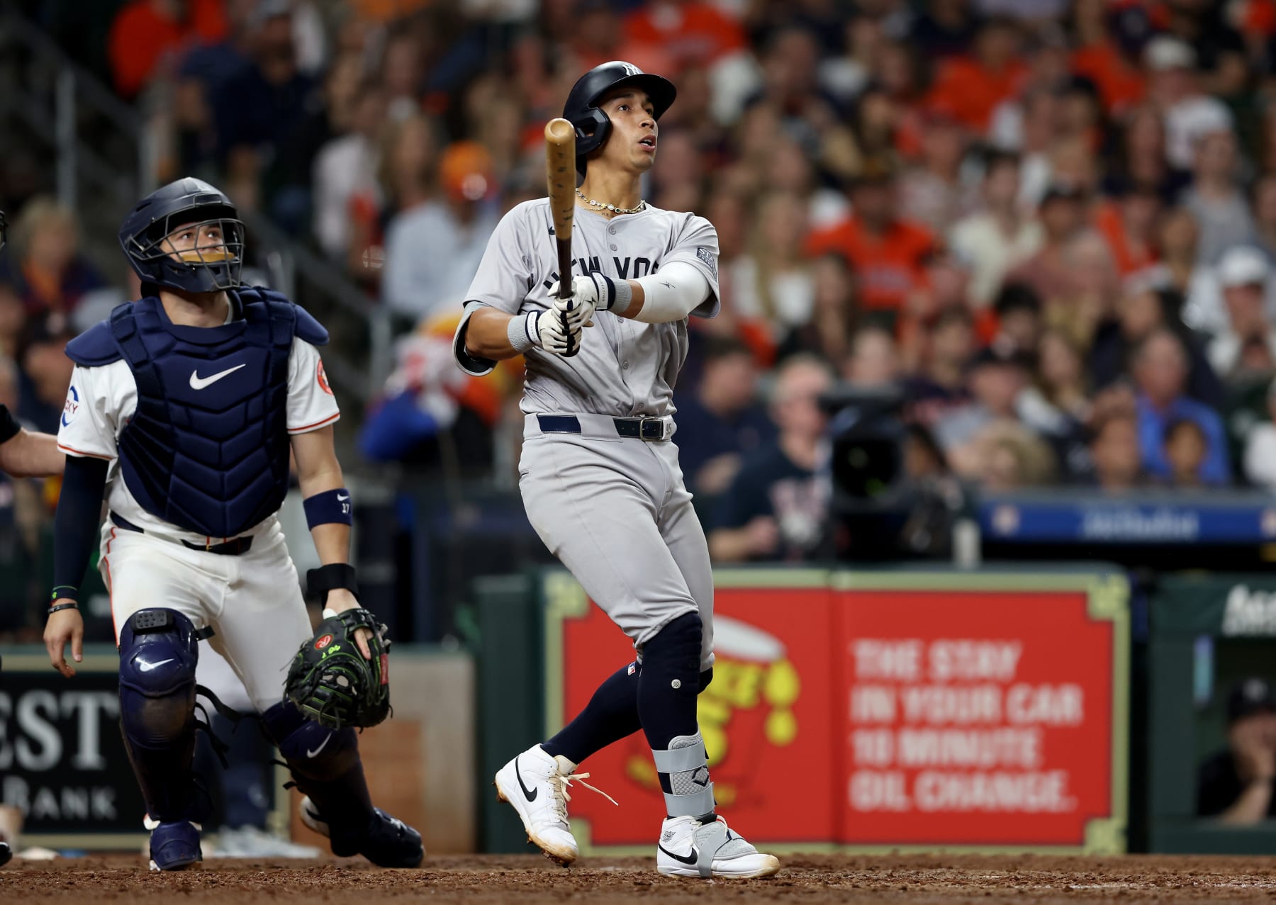 HOUSTON, TEXAS - MARCH 30: Oswaldo Cabrera #95 of the New York Yankees hits a two run home run in the seventh inning against the Houston Astros at Minute Maid Park on March 30, 2024 in Houston, Texas. (Photo by Tim Warner/Getty Images) HOUSTON, TEXAS - MARCH 30: Oswaldo Cabrera #95 of the New York Yankees hits a two run home run in the seventh inning against the Houston Astros at Minute Maid Park on March 30, 2024 in Houston, Texas. (Photo by Tim Warner/Getty Images)