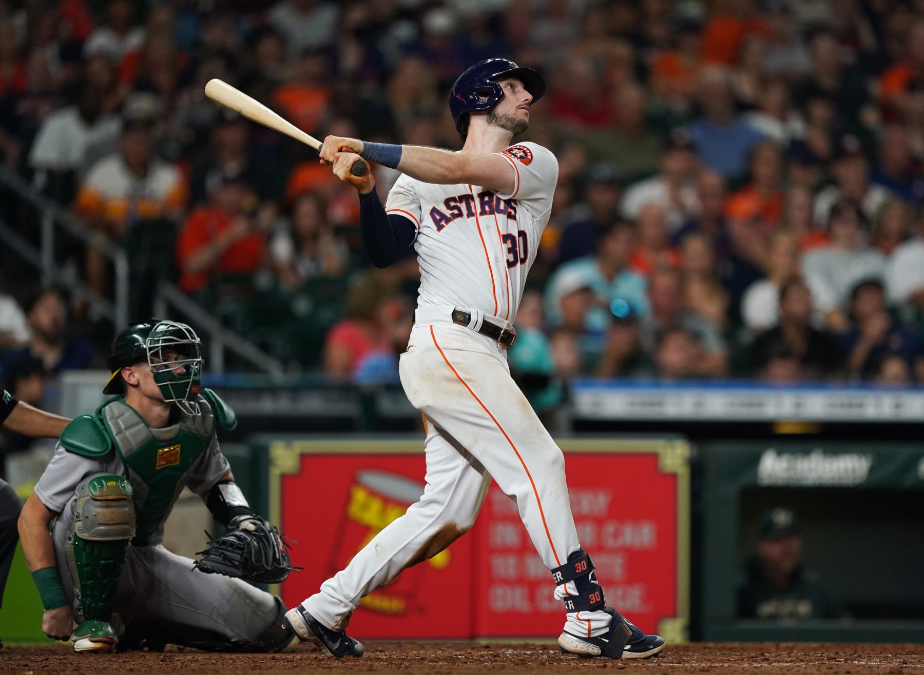 HOUSTON, TEXAS - AUGUST 13: Kyle Tucker #30 of the Houston Astros bats against the Oakland Athletics at Minute Maid Park on August 13, 2022 in Houston, Texas. (Photo by Alex Bierens de Haan/Getty Images)