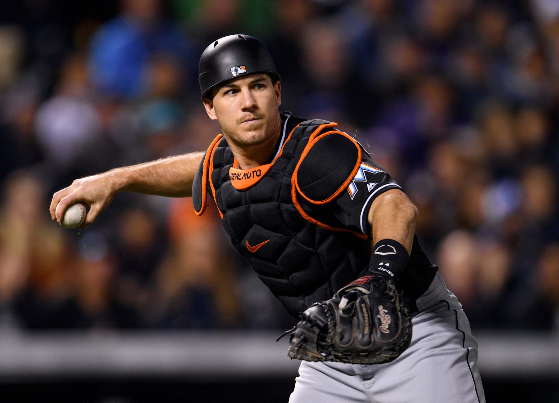 DENVER, CO - SEPTEMBER 26: J.T. Realmuto #11 of the Miami Marlins in action during the game against the Colorado Rockies at Coors Field on September 26, 2017 in Denver, Colorado. (Photo by Rob Foldy/Miami Marlins via Getty Images)