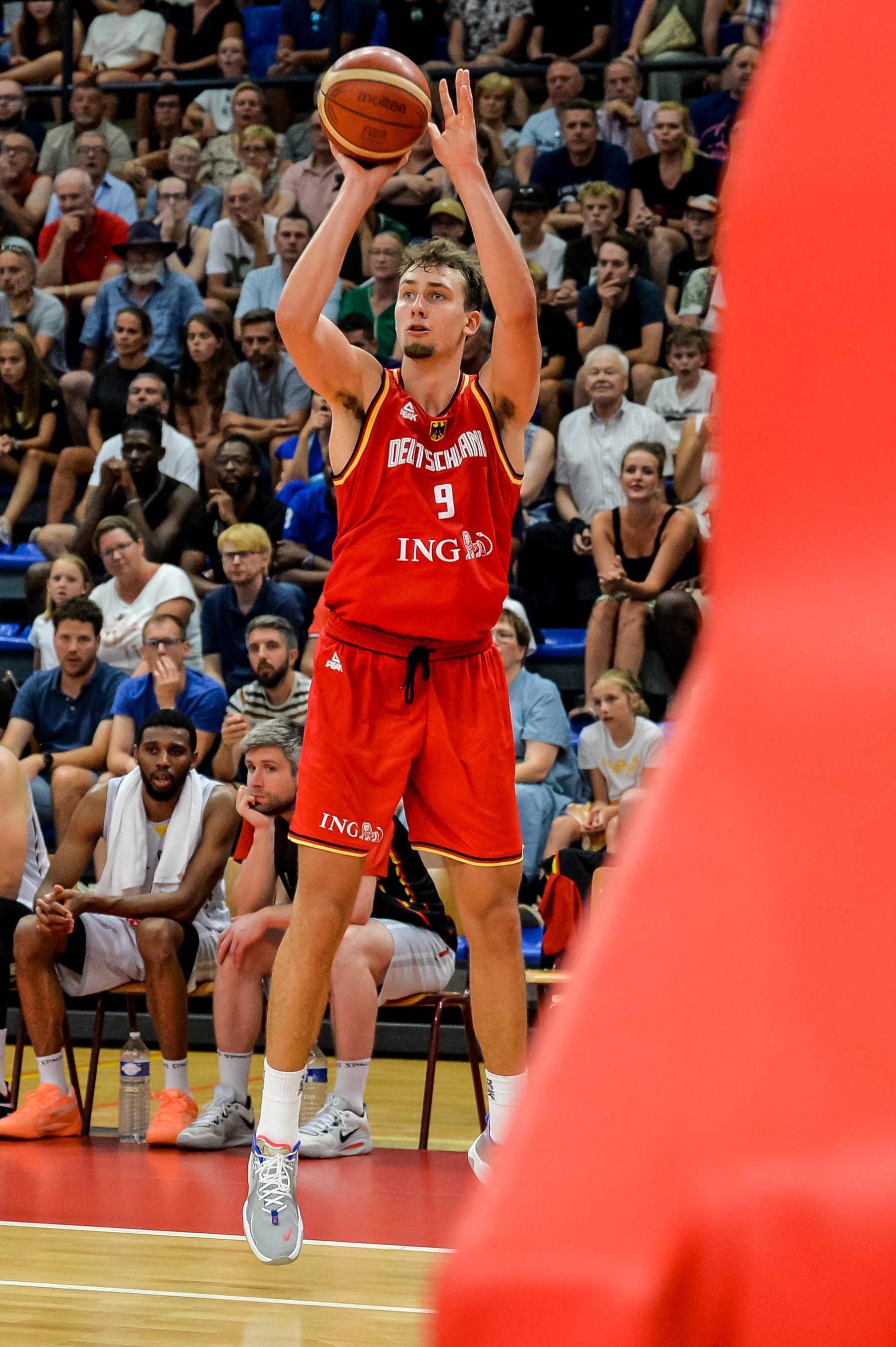 Germany's Franz Wagner (9) pictured in action during a friendly basketball match ahead of the European Championships between Belgian national team 'the Belgian Lions' and Germany, Wednesday 10 August 2022, in Hasselt. BELGA PHOTO JILL DELSAUX (Photo by JILL DELSAUX / BELGA / BELGA MAG / Belga via AFP) (Photo by JILL DELSAUX / BELGA/BELGA MAG/AFP via Getty Images)