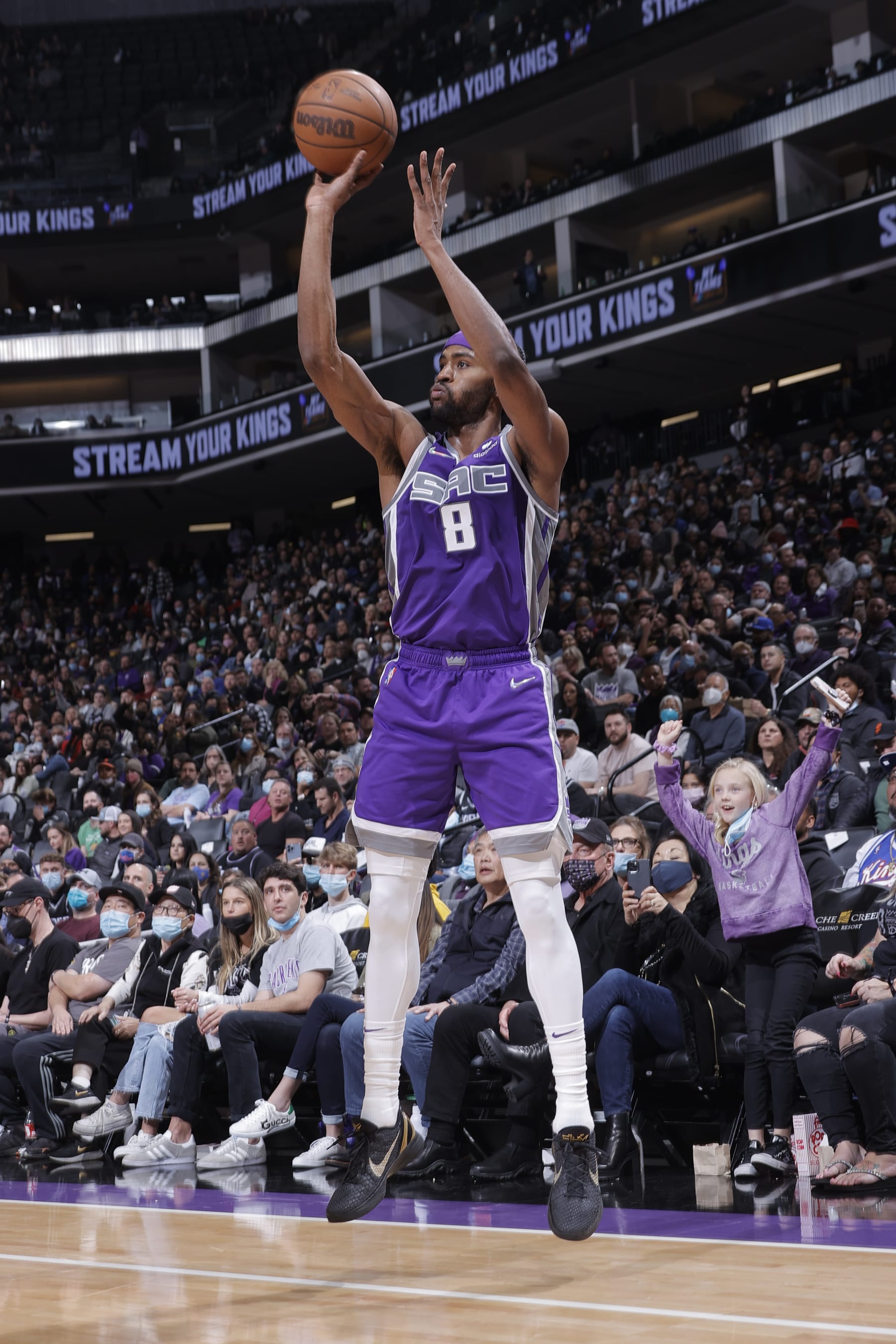 SACRAMENTO, CA - FEBRUARY 5: Maurice Harkless #8 of the Sacramento Kings shoots a three point basket during the game against the Oklahoma City Thunder on February 5, 2022 at Golden 1 Center in Sacramento, California. NOTE TO USER: User expressly acknowledges and agrees that, by downloading and or using this Photograph, user is consenting to the terms and conditions of the Getty Images License Agreement. Mandatory Copyright Notice: Copyright 2022 NBAE (Photo by Rocky Widner/NBAE via Getty Images)