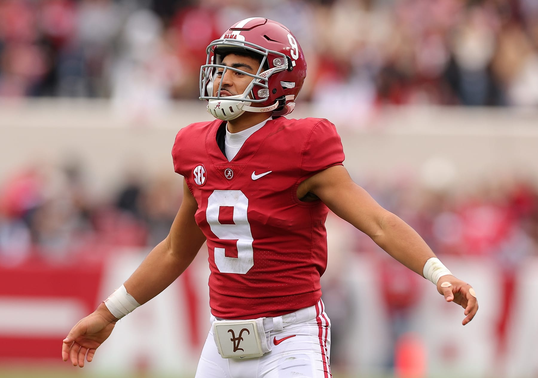 TUSCALOOSA, ALABAMA - NOVEMBER 19: Bryce Young #9 of the Alabama Crimson Tide reacts after passing for a touchdown against the Austin Peay Governors during the second half at Bryant-Denny Stadium on November 19, 2022 in Tuscaloosa, Alabama. (Photo by Kevin C. Cox/Getty Images)