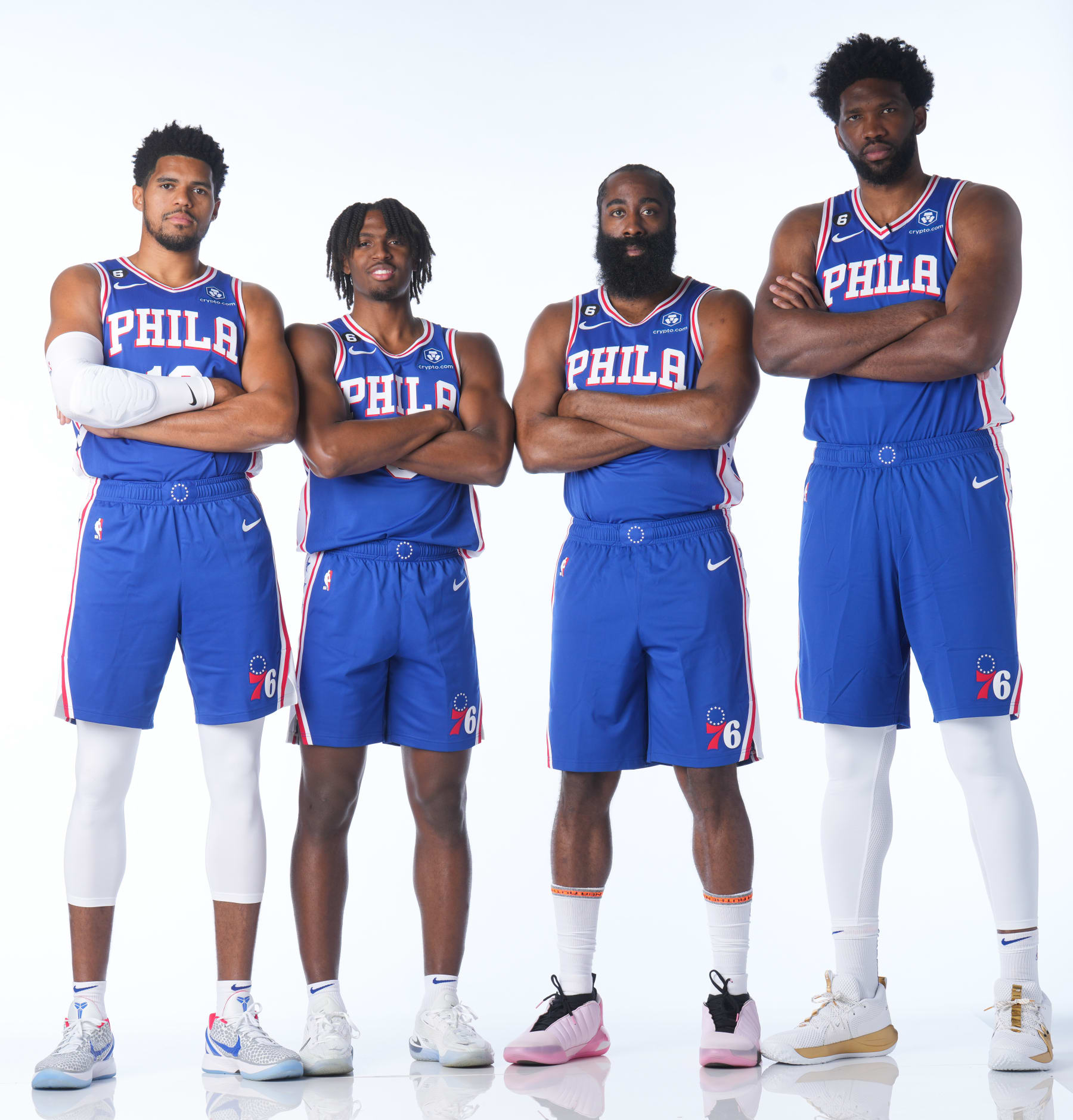 PHILADELPHIA, PA - SEPTEMBER 26: Tobias Harris #12, Tyrese Maxey #0, James Harden #1 and Joel Embiid #21 of the Philadelphia 76ers pose for a portrait during NBA Media Day on September 26, 2022 at Wells Fargo Center in Philadelphia, Pennsylvania. NOTE TO USER: User expressly acknowledges and agrees that, by downloading and or using this Photograph, user is consenting to the terms and conditions of the Getty Images License Agreement. Mandatory Copyright Notice: Copyright 2022 NBAE (Photo by Jesse D. Garrabrant/NBAE via Getty Images)