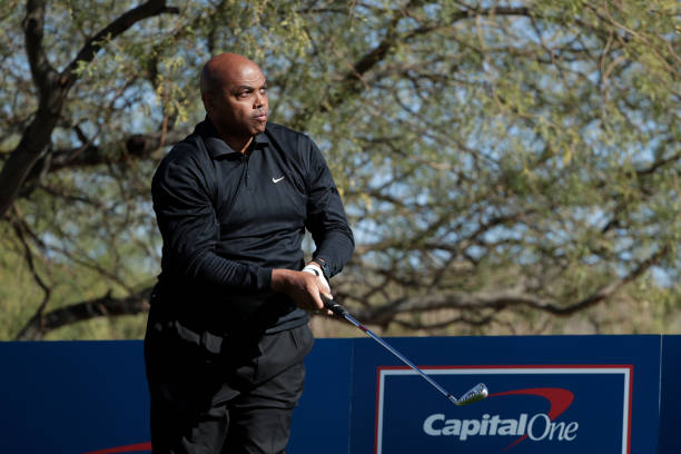 TUCSON, ARIZONA - NOVEMBER 27: Charles Barkley plays his shot from the first tee during Capital One's The Match: Champions For Change at Stone Canyon Golf Club on November 27, 2020 in Oro Valley, Arizona. (Photo by Cliff Hawkins/Getty Images for The Match)