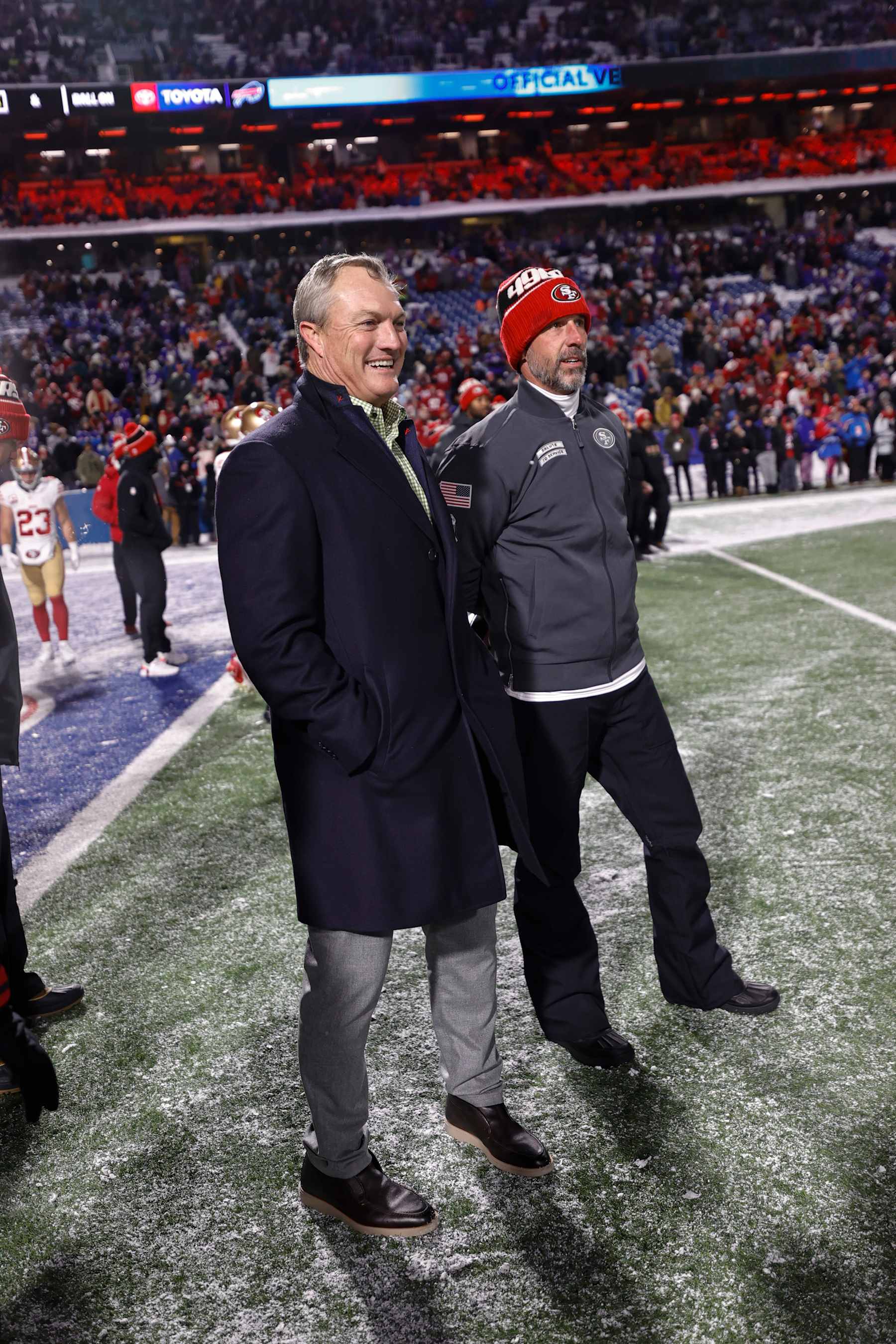 ORCHARD PARK, NY - DECEMBER 1: President of Football Operations and General Manager John Lynch and Head Coach Kyle Shanahan of the San Francisco 49ers before the game against the Buffalo Bills at Highmark Stadium on December 1, 2024 in Orchard Park, New York. The Bills defeated the 49ers 35-10. (Photo by Michael Zagaris/San Francisco 49ers/Getty Images)