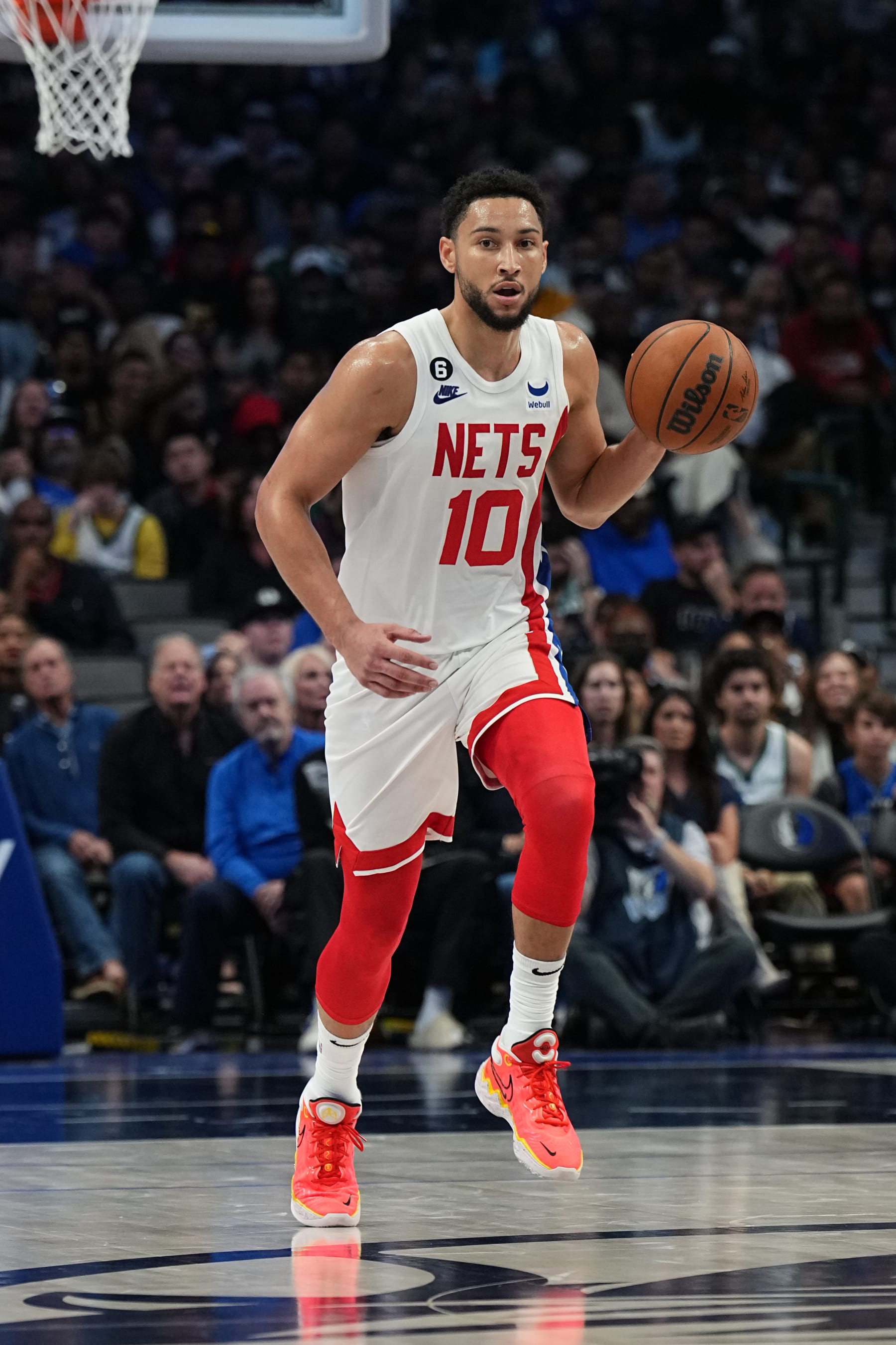 DALLAS, TX - NOVEMBER 7: Ben Simmons #10 of the Brooklyn Nets dribbles the ball during the game against the Dallas Mavericks on November 7, 2022 at the American Airlines Center in Dallas, Texas. NOTE TO USER: User expressly acknowledges and agrees that, by downloading and or using this photograph, User is consenting to the terms and conditions of the Getty Images License Agreement. Mandatory Copyright Notice: Copyright 2022 NBAE (Photo by Glenn James/NBAE via Getty Images)