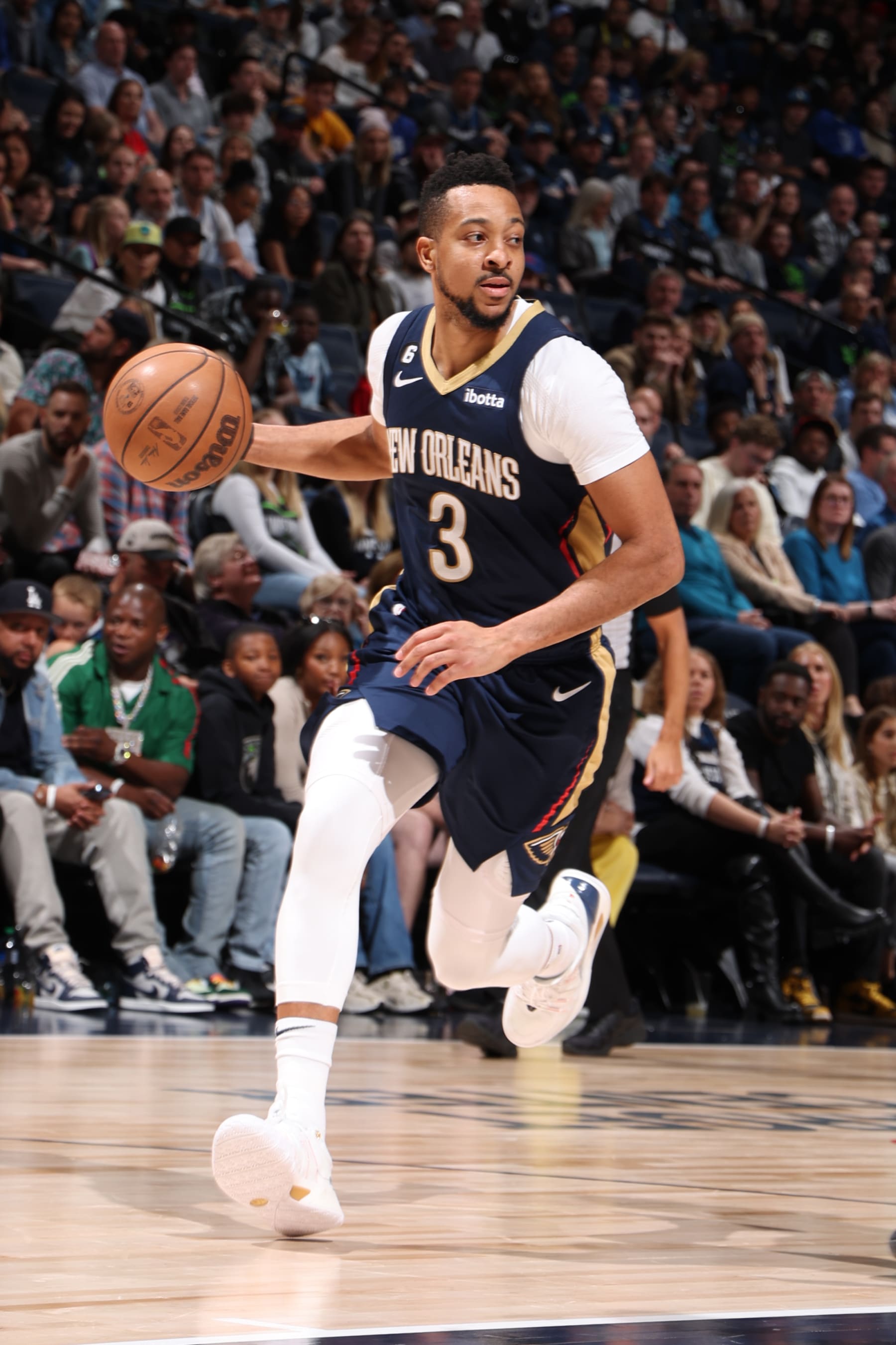 MINNEAPOLIS, MN -  APRIL 9: CJ McCollum #3 of the New Orleans Pelicans dribbles the ball during the game against the Minnesota Timberwolves on April 9, 2023 at Target Center in Minneapolis, Minnesota. NOTE TO USER: User expressly acknowledges and agrees that, by downloading and or using this Photograph, user is consenting to the terms and conditions of the Getty Images License Agreement. Mandatory Copyright Notice: Copyright 2023 NBAE (Photo by David Sherman/NBAE via Getty Images)
