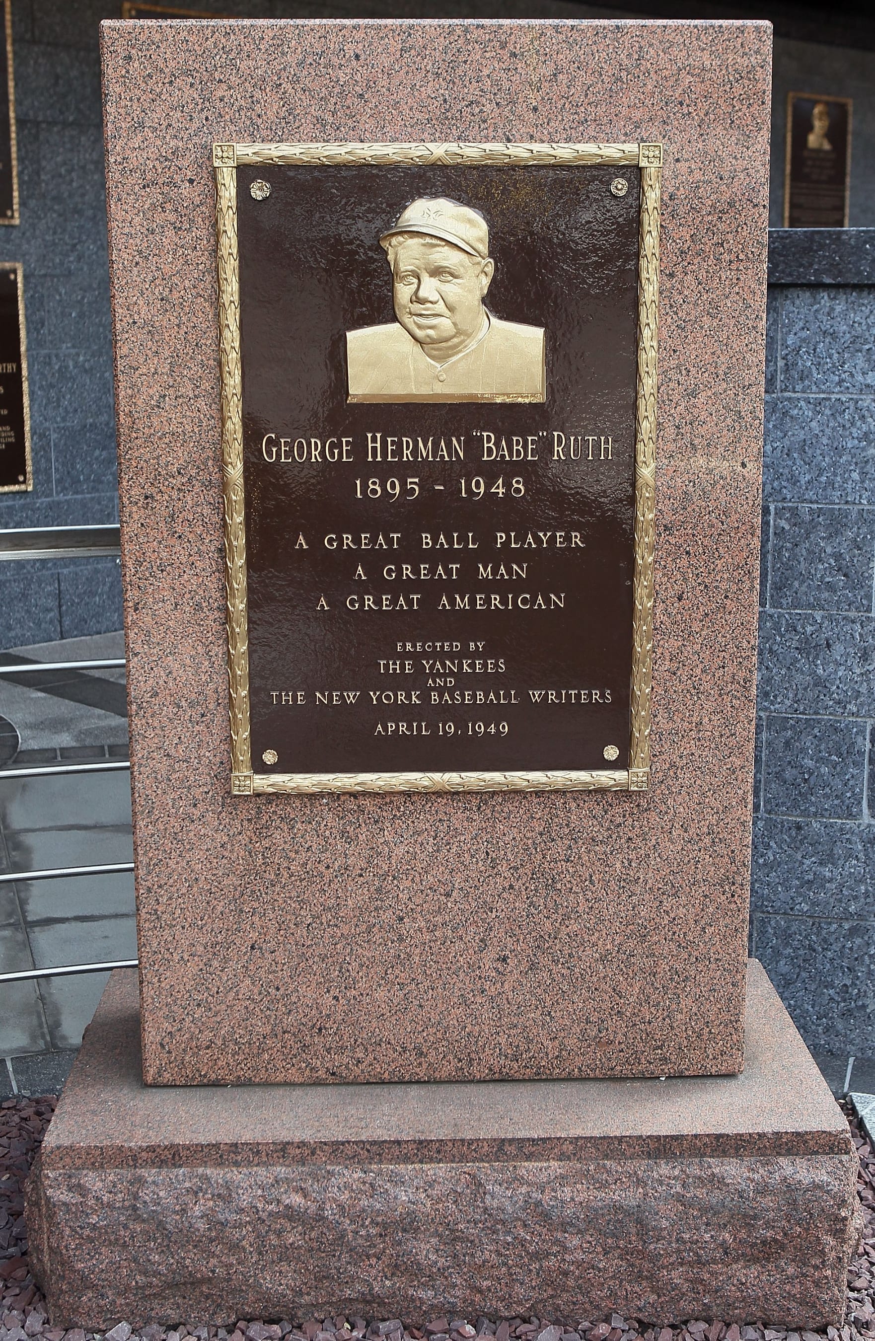 NEW YORK - MAY 02:  The monument of Babe Ruth is seen in Monument Park at Yankee Stadium prior to game between the New York Yankees and the Chicago White Sox on May 2, 2010 in the Bronx borough of New York City. The Yankees defeated the White Sox 12-3.  (Photo by Jim McIsaac/Getty Images)