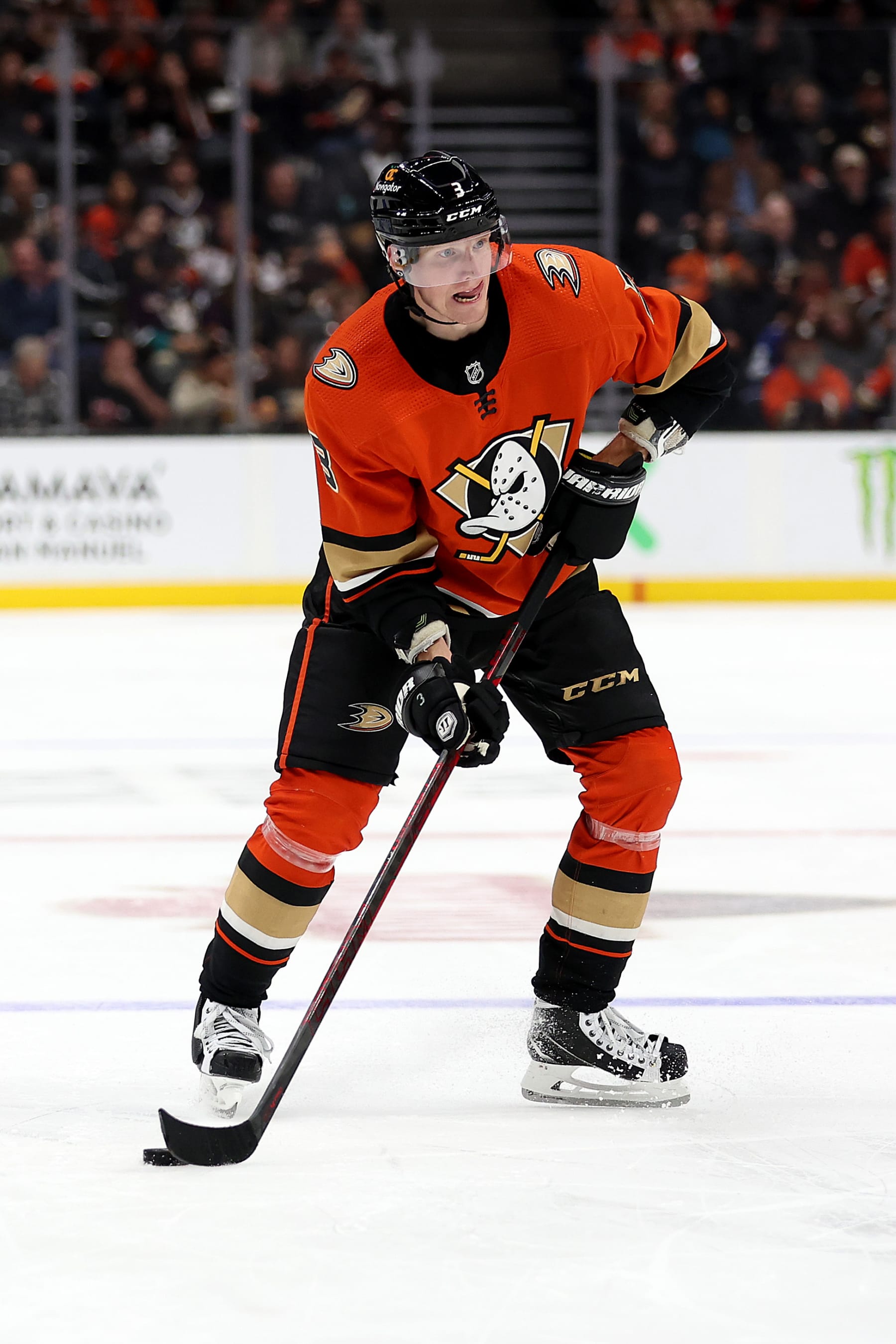 ANAHEIM, CALIFORNIA - OCTOBER 26: John Klingberg #3 of the Anaheim Ducks controls the puck during the second period of a game against the Tampa Bay Lightning at Honda Center on October 26, 2022 in Anaheim, California. (Photo by Sean M. Haffey/Getty Images)