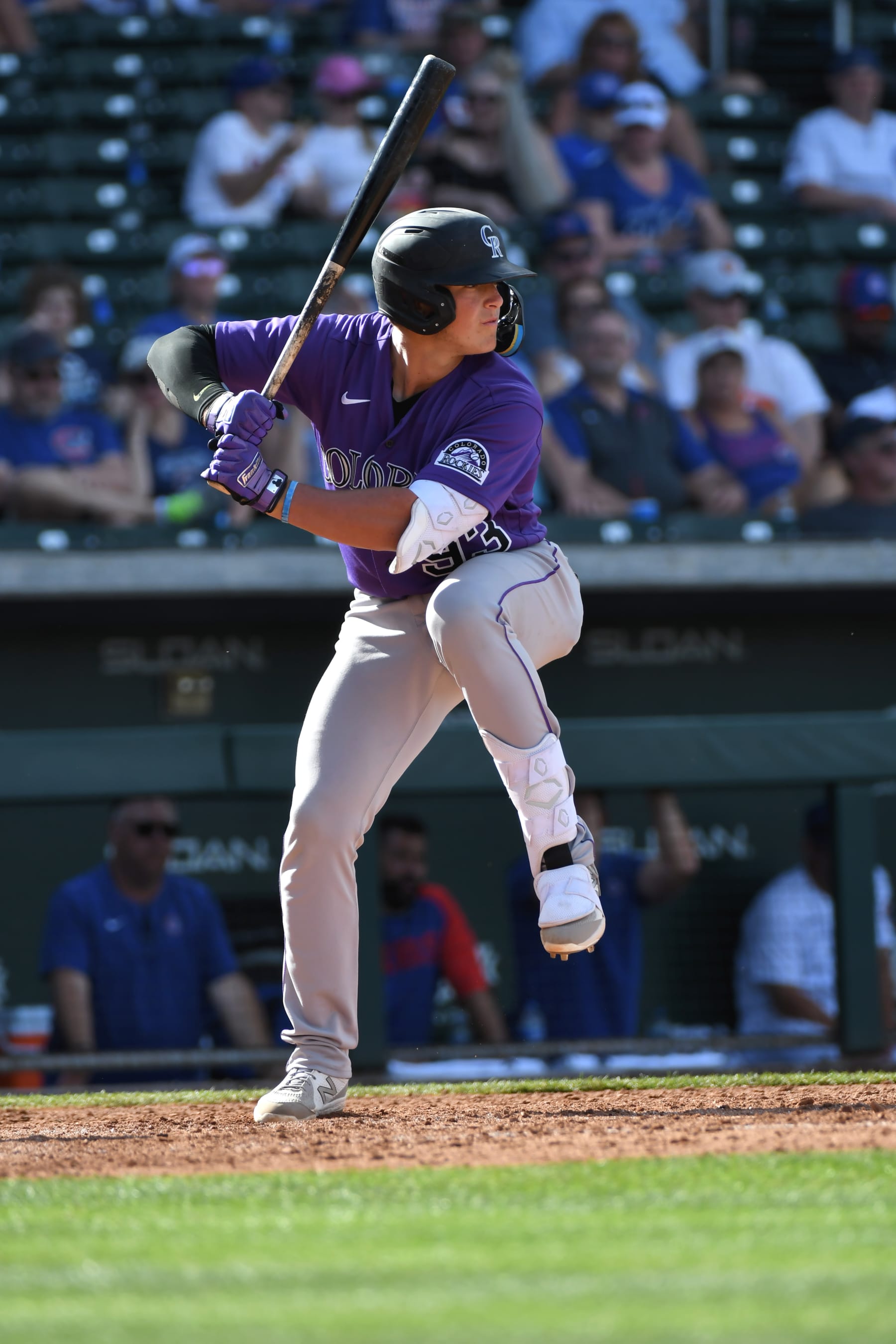 MESA, AZ - MARCH 25, 2022: Hunter Goodman #93 of the Colorado Rockies bats during the eighth inning of an MLB spring training game against the Chicago Cubs at Sloan Park on March 25, 2022 in Mesa, Arizona. (Photo by David Durochik/Diamond Images via Getty Images)